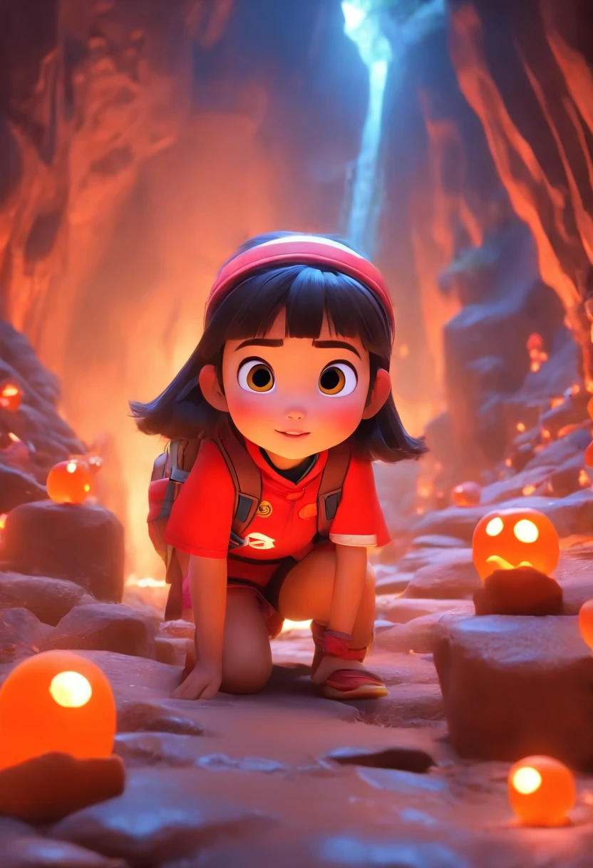 (Pixar style),Five-year-old Chinese girl,A terrifying cave,backpacks,Miniature character model, Realistic proportions, Post-processing, ((Orthogonal perspective)), Super detail, Realistic, Super realistic, photoreal render,