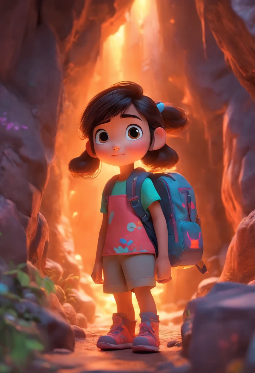 (Pixar style),Five-year-old Chinese girl,A terrifying cave,backpacks,Miniature character model, Realistic proportions, Post-processing, ((Orthogonal perspective)), Super detail, Realistic, Super realistic, photoreal render,