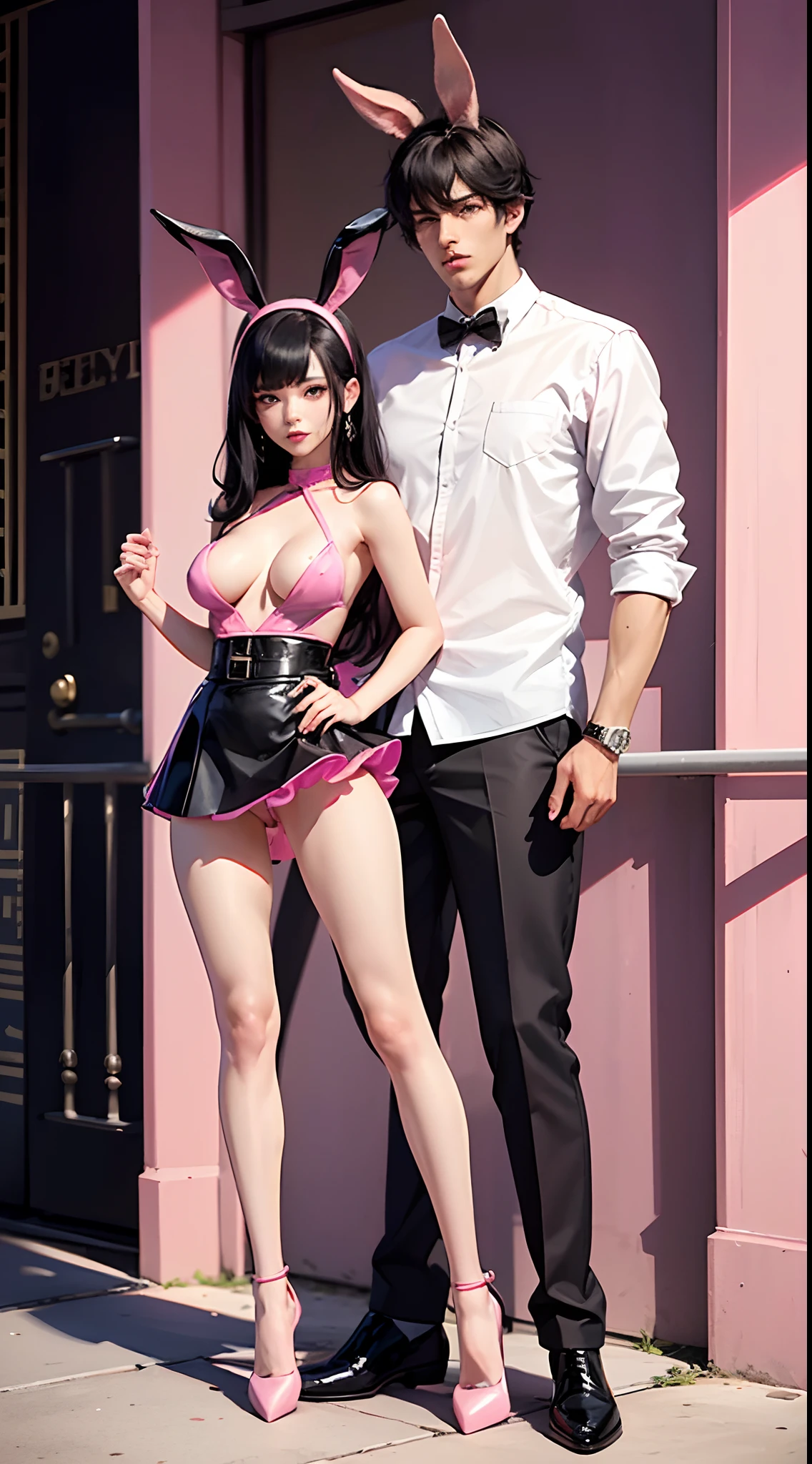 Black hair, Pink eyes, A girl who wearing sexiest outfit, Showing her half-breasts, Black short mini skirt, Pink stockings, Pink glass heels, Long legs, Rabbit ears, Showing half-ass, Seductive look, Showing belly, Showing half-, Full body, Kinky, A man standing behind her and he is grabbing her breasts with his hands from behind