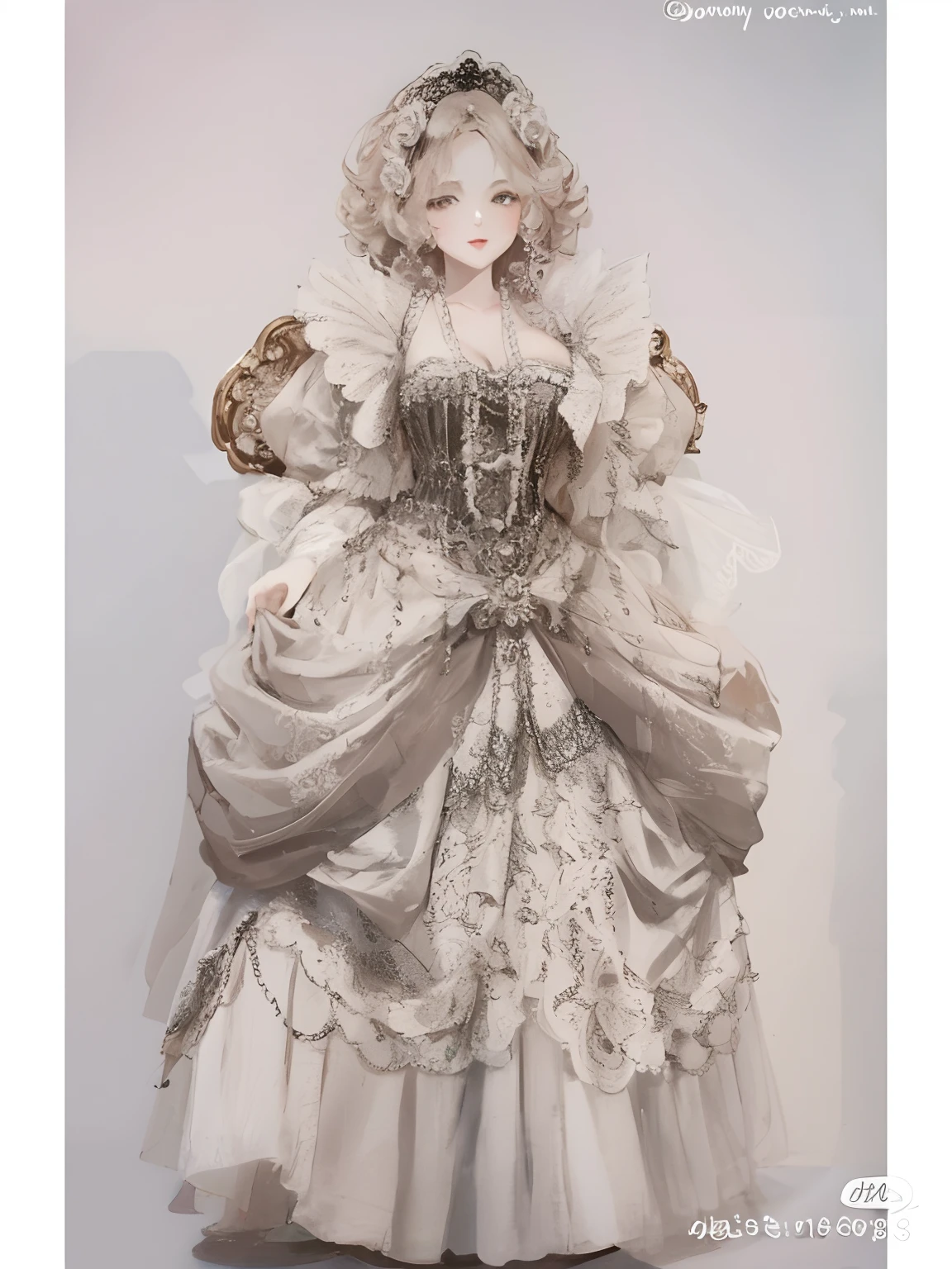 Close-up of a girl in a white dress and tie,Standing painting,Full body like,quadratic element,anime big breast,ta prostitute,Gothic, intricate costume design, Rococo dress, rococo queen, intricate victorian dress, baroque dress, rococo fashion, 1 7 th century duchess, Louise Royo style, dress in the style of rococo, inspired by Mirabello Cavalori, inspired by Nicholas Hilliard, historical baroque dress,high qulity,High- sharpness,high detal,Works of masters,