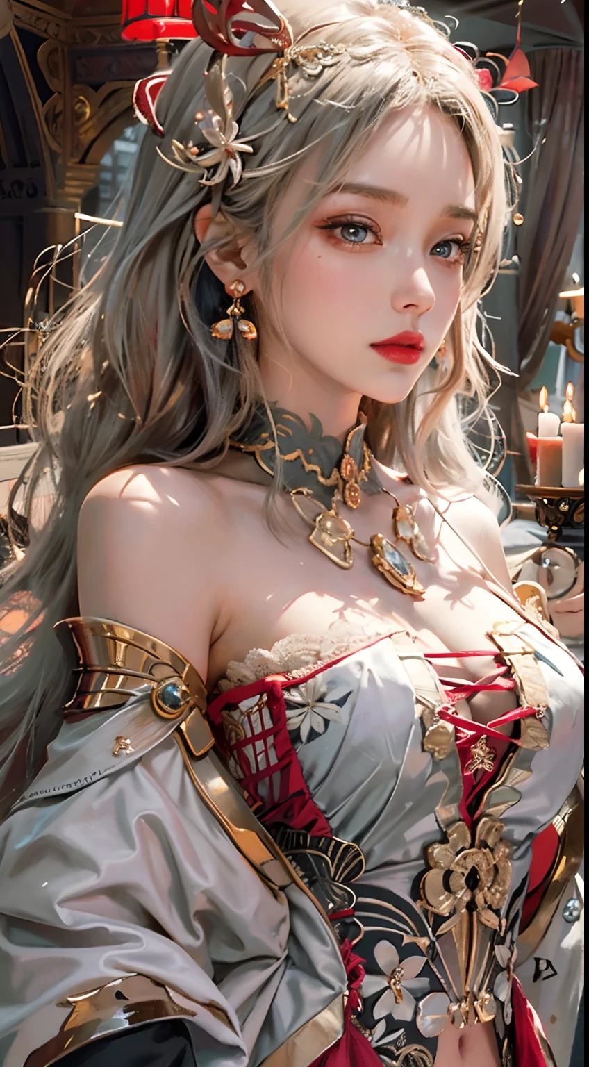 Ultra realistic 8K CG, Picture-perfect face, flawless, clean, masutepiece, Professional artwork, famousartwork, Cinematic lighting, Cinematic bloom, Perfect face,(年轻:1.2)(Voluptuous),((20yr old)), Beautiful face, Beautiful eyes,(:1.1), (((Perfect female body, Narrow waist))), young princess, royal, divine, Goddess, godlike, (the royal palace), Fantasy, Dreams, Unreal, Science fiction, (Normal breasts:1.2), Beautiful clothes, Lace, Lace trim, Lace-trimmed legwear, NSFW,, absurdly long hair, Very long hair, (Rich:1.4), Necklace, earrings, Bracelet, armlet, Looking at Viewer,(thong:1), (There are up to 5 fingers on the hand), (Red Lip), shenhe \(GenshinImpact\)