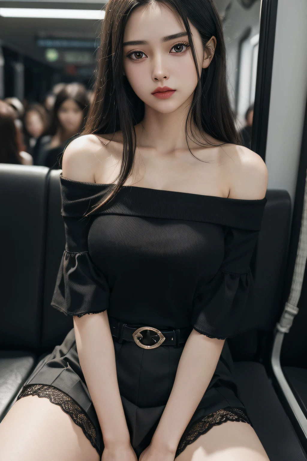 1girl in, Beautiful, absurderes、enticing、超A high resolution、A hyper-realistic、high-detail、the golden ratio、medium breasts、Cinch West、18 years old、Straight black hair、Amazing face and eyes, makeup, Red shiny lips, (extremely detailed beautiful face), (The sexiest look), (Beautiful medium-breasted), (off shoulder shirt, Tight skirt, knee high:1.2), (Best Quality:1.4), (Ultra-detailed), (extremely detailed CG unified 8k wallpaper), Highly detailed, RAW Photos, Professional Photography, Crowded train, Sitting, (Spread your legs), (Lace panties), a scene from a movie,