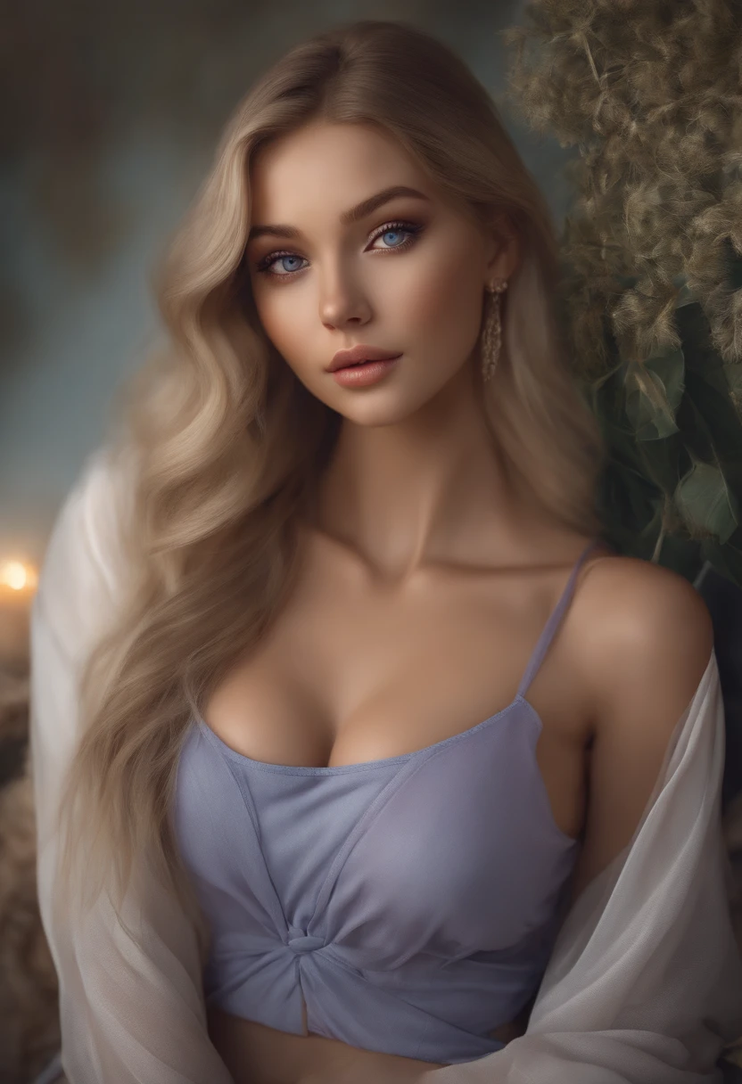 arafed woman fully , sexy girl with blue eyes, ultra realistic, meticulously detailed, portrait sophie mudd, blonde hair and large eyes, selfie of a young woman, bedroom eyes, violet myers, without makeup, natural makeup, looking directly at the camera, face with artgram, subtle makeup, stunning full body standing on beach, medium to large size bust, wearing