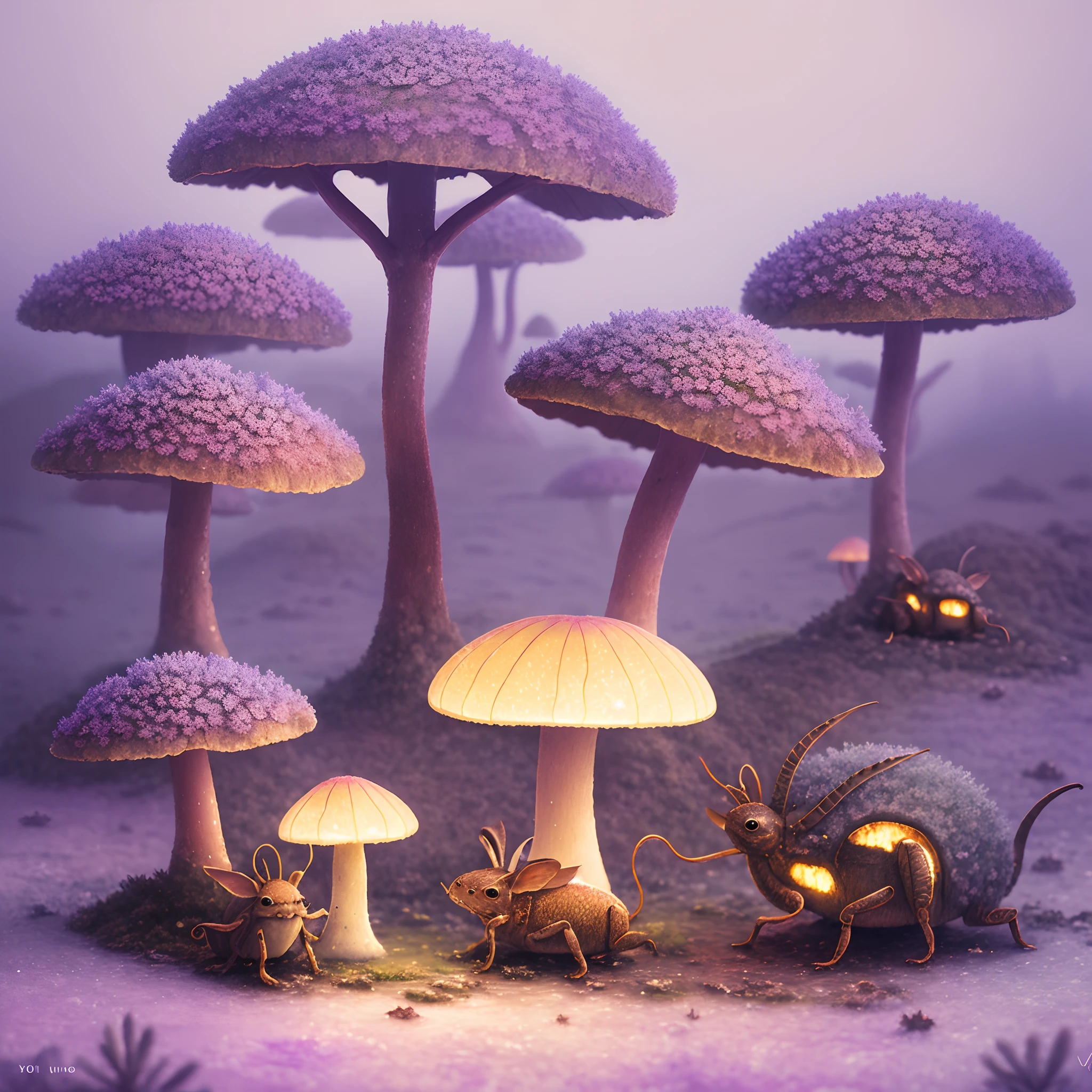 A cozy vintage little cute fungus oil painting, On the icy planet, in a. Lavender smog, Octane rendering of Weta numbers, Exotic colored pastels, Ray traced lighting and reflections by Yoji Shinkawa