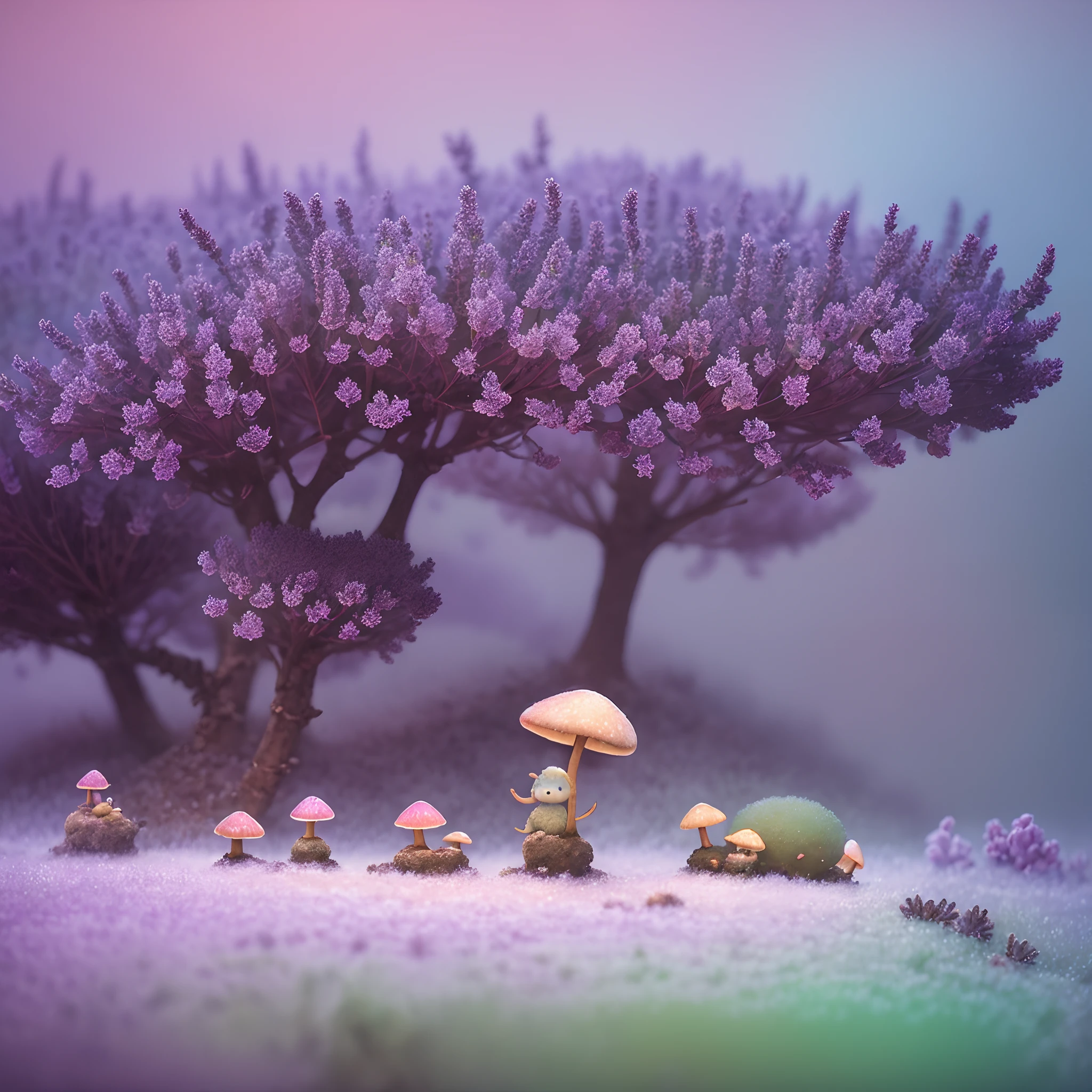 A cozy vintage little cute fungus oil painting, On the icy planet, in a. Lavender smog, Octane rendering of Weta numbers, Exotic colored pastels, Ray traced lighting and reflections by Yoji Shinkawa