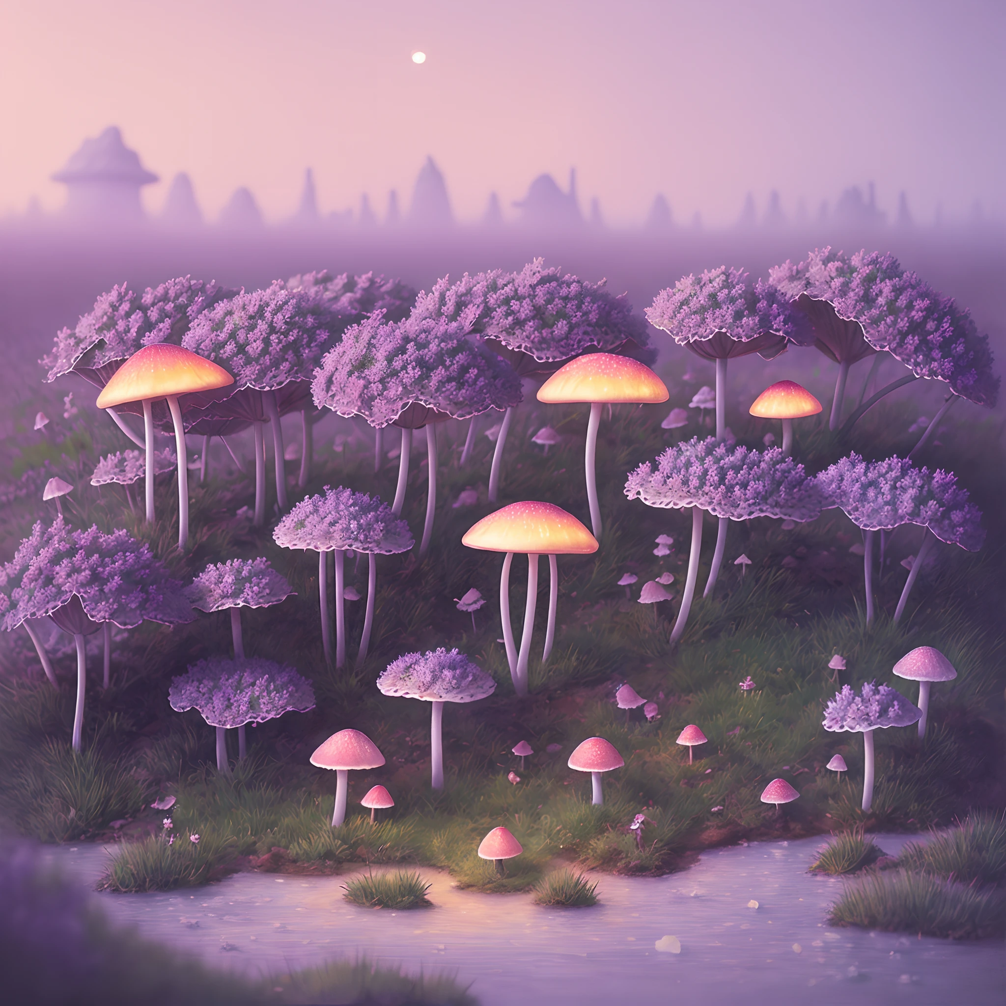 A cozy vintage little cute fungus oil painting, On the icy planet, in a. Lavender smog, Octane rendering of Weta numbers, Exotic colored pastels, Ray traced lighting and reflections by Yoji Shinkawa