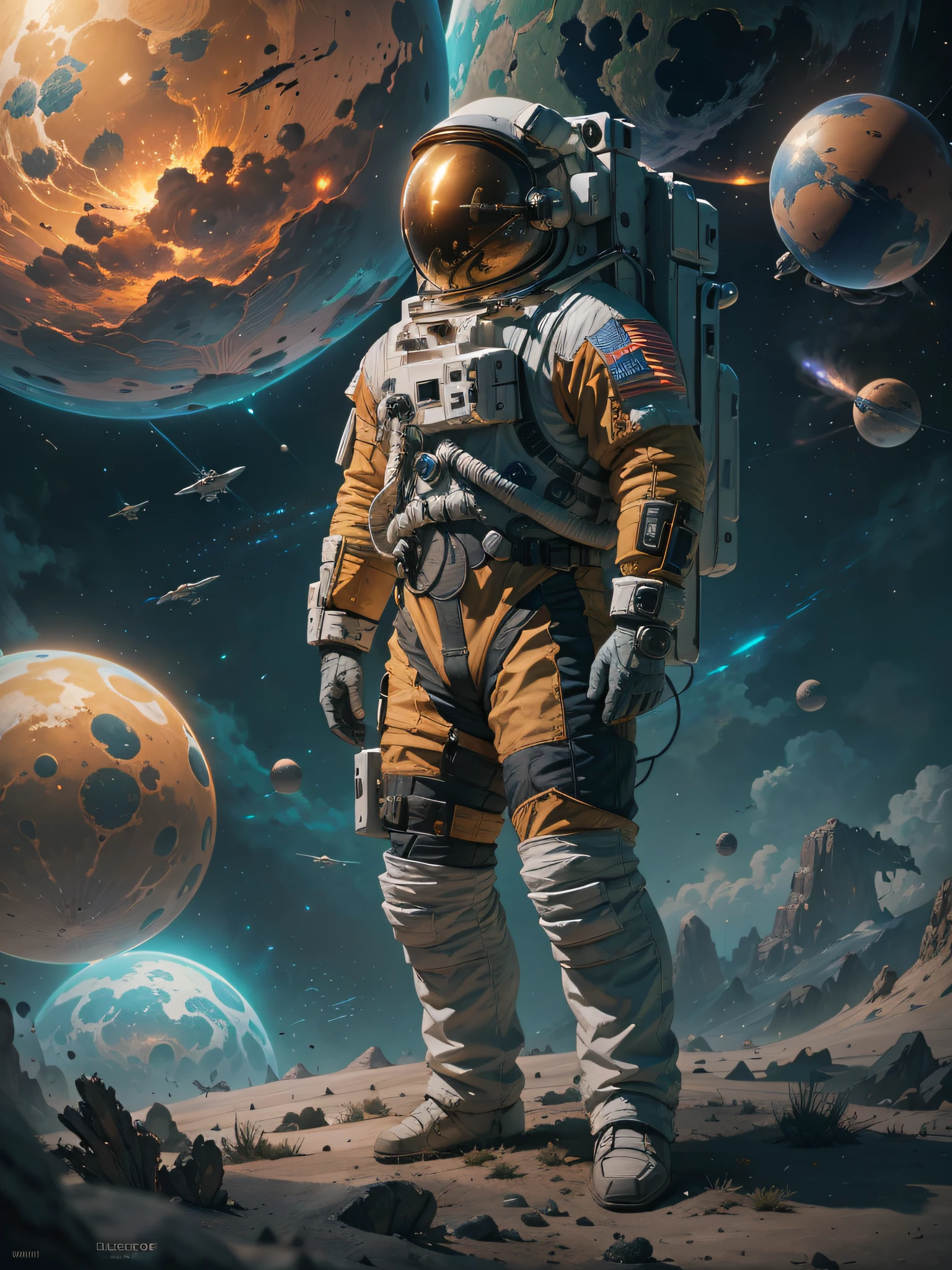 astronaut in space suit standing in front of a planet with planets, Beautiful sci-fi art, sci-fi space game art, sci fi art, sci-fi artwork, award winning scifi art, detailed sci-fi art, sci-fi illustrations, sci-fi illustrations, Science-fi digital art illustration, epic fantasy sci fi illustration, epic sci-fi character art