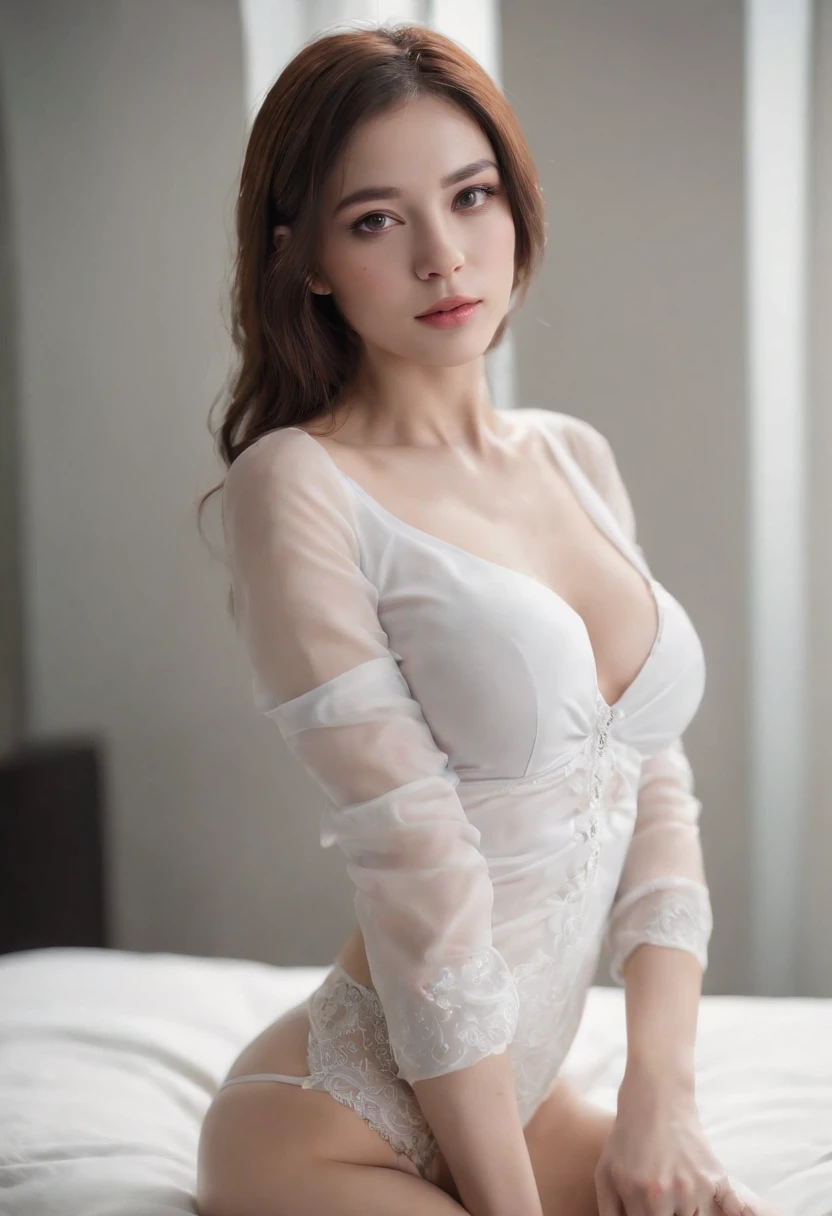 Female Cyborg, Cybernetic Body Parts、brunette hair,((Shirt with front hook Unhook the nipples))white panties、pubic-hair、M-shaped legs、sitting on the sofa、Black eyes、8k、Hentail realism、Ultra sharp、Ultra - Details、