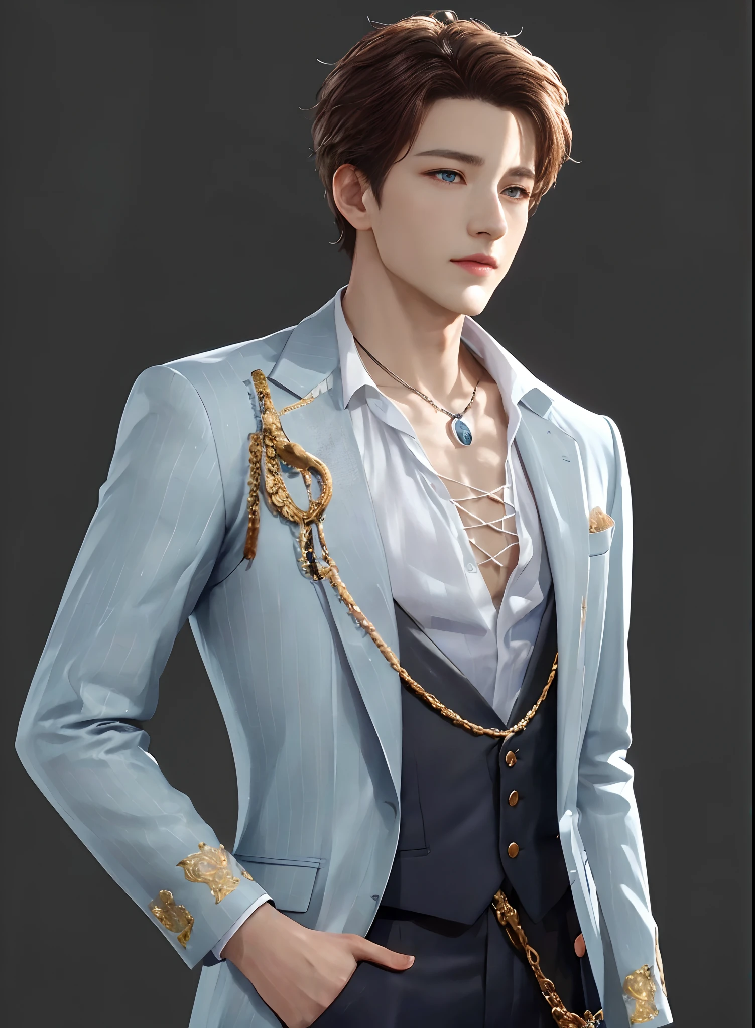 There was a man in a blue suit and a white shirt, Delicate androgynous prince, Beautiful androgynous prince, Cai Xukun, attractive androgynous humanoid, highly detailed character, high detail iconic character, androgynous male, very detailed and rich clothing, 3 D rendering character art 8 K, human male character art, trends in art station