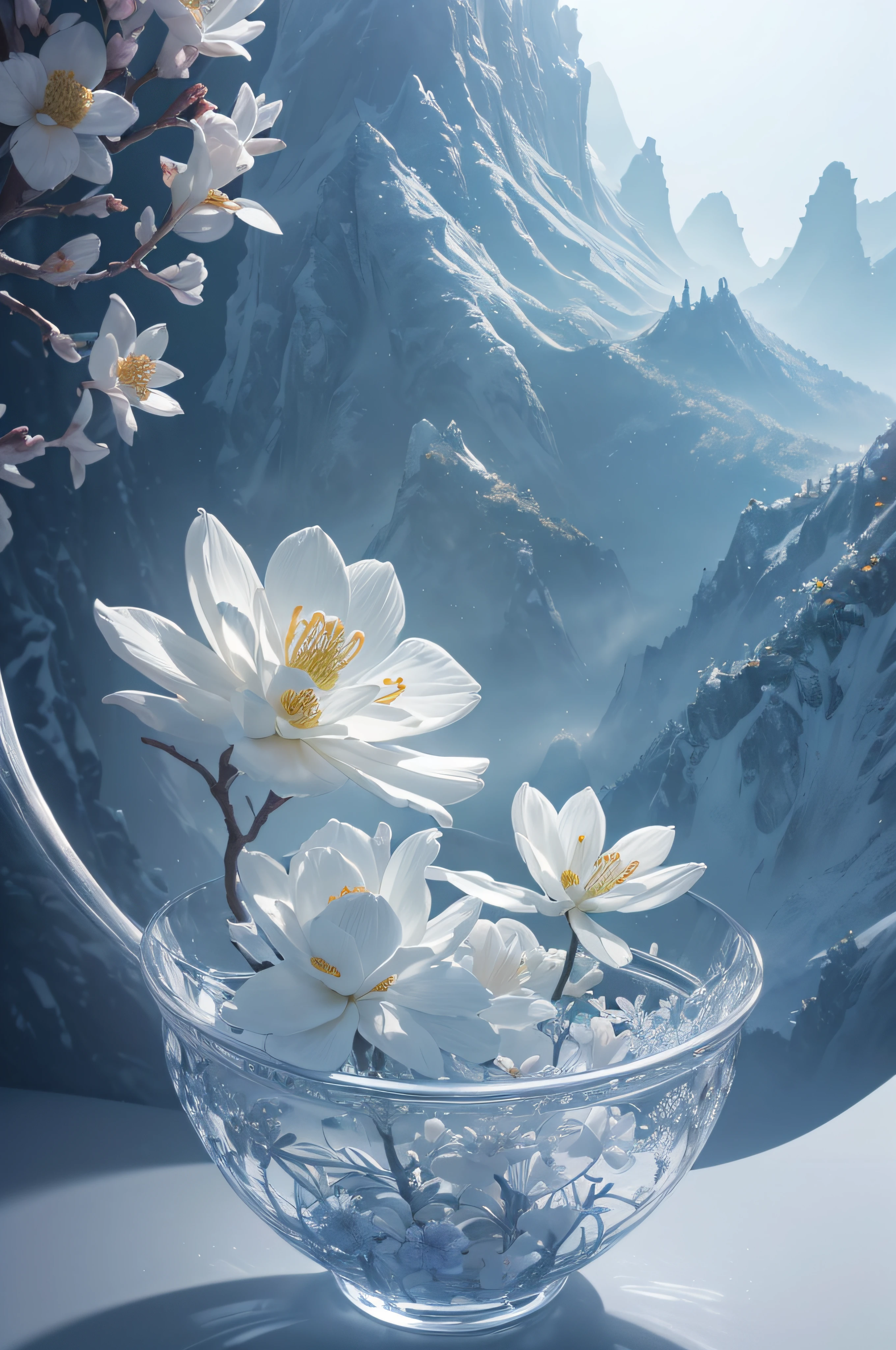 best quality, realistic, photorealistic,  ultra detailed, "Mountain of Flower and Fruit+Fairy+Chinese Architecture" highly detailed carving on "southern ice" porcelain,Ultra wide angle,Accent Lighting,Volumetric Lighting,backlighting, (detailed light),((an extremely delicate and beautiful)),dramatic_shadow,ray_tracing,hdr