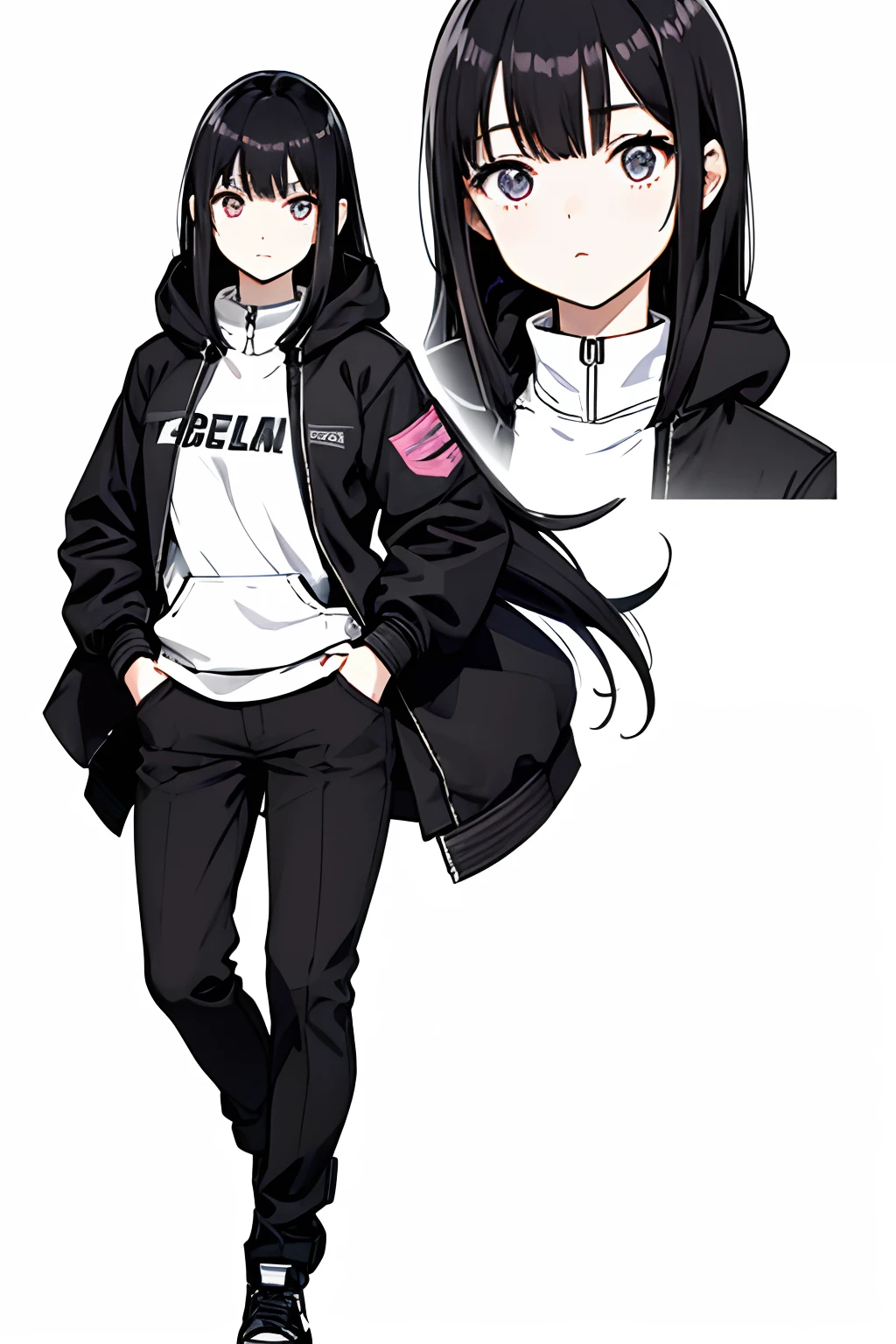 1girl, anime girl, 3 heads tall girl, simple black jacket with hood , no logo and no letters on the jacket, black hair, cute. cool, slant eyes, white simple background,medium long hair, full body, delivery person, black long pants, pink