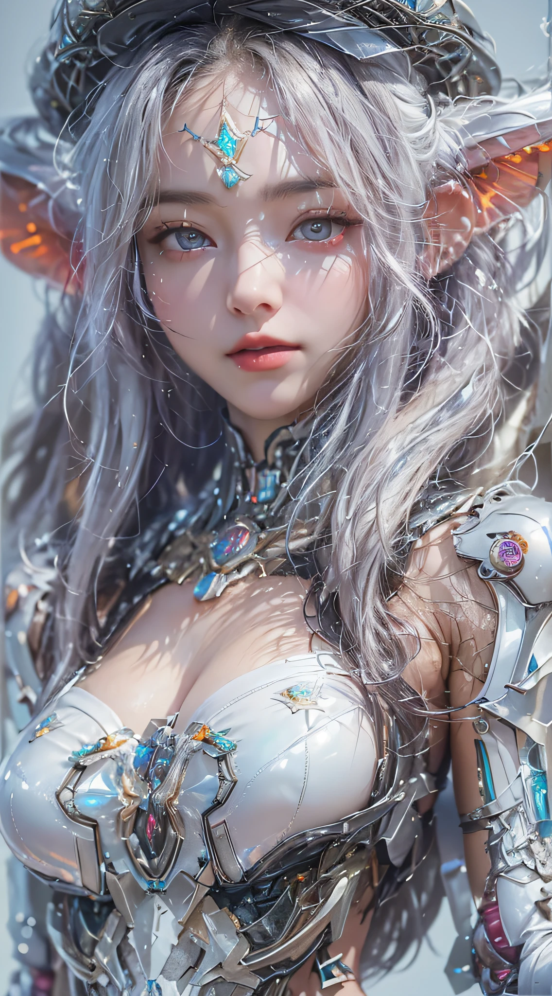 NSFW,((top quality、8k、masterpiece:1.3))Wears a silver-white mech，girl with delicate face，Highest image quality，Ultra-clear，Delicate and clear facial features，end of the world，Mechanical arm，Exquisitely detailed mechanical pattern,Cyberpunk characters、numbercity、number、century、throne、(((Completely naked)))