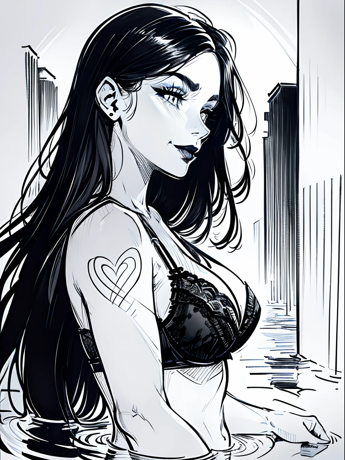 Line art, Side view, little nose, sly look woman, dark black lips, dark makeuup, frown and grin, bra, ink art, long black hair, inside the water