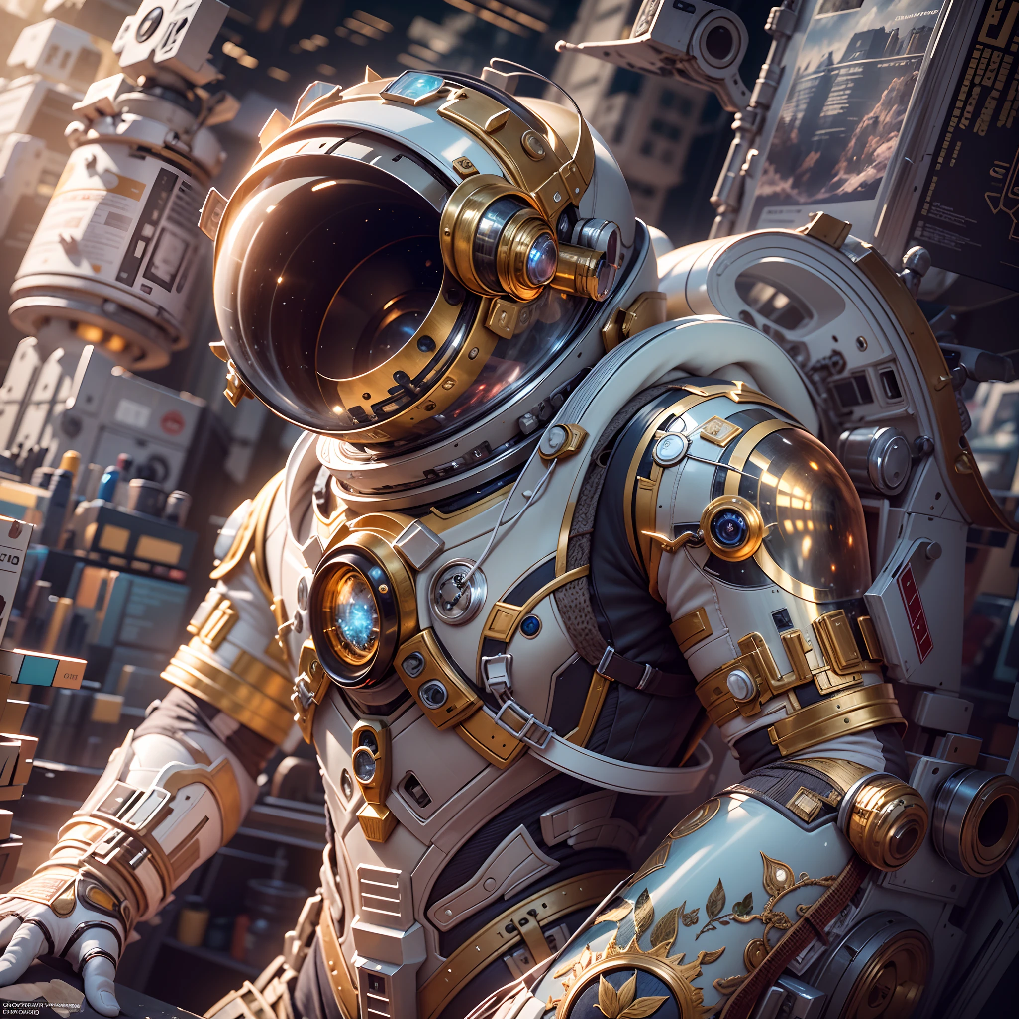 in a panoramic view，photorealestic，Luxury astronauts，The spacesuit consists of modular gold machinery，Gold and precious metal casting，It features charming Ottoman decorative motifs，Set with luxurious gemstones in a variety of colors，Dorsal protrusion device，Decorated with diamonds，Set on a desolate alien planet，starry sky bright，Perfectcomposition，the detail，The light and shadow work best，HighestQuali，This CG-rendered realistic painting gives a grand scene and visual impact，Let the viewer feel a wonderful and magnificent sci-fi world。Epic，detail-rich，It forms a spectacular sight，Use Pixai to bring powerful AI models to life, Show the limitless creativity and possibilities of our imagination. Experience the future of the cityscape at Pixai，Immerse yourself in a visionary world of art，the detail, Masterpiece, Best quality, 8K, (Oily skin, cell-shaded:1.3), line art in colour, (The art of Maciej Cuciara:1.15), art of greg rutkowski，Intricate details, finetextures, Surreal，Perfectcomposition，A detailed，Cinematic texture，realisticlying，photorealestic，HighestQuali，，Version tone mapping， highly  detailed， Smoothness， Sharp focus， Beautiful illustration， Epic effect，photore， The light from the back window is backlighted， 动态照明， Mist， 复杂， filmgrain， professinal，，Volumetriclighting， subsurfacescattering， Good highlights， Good shadows， cinematic ligh，Beautiful studio soft light，rim-light，ellegance，beatiful background，rendering by octane，HR Giger style，8K，top Quority，tmasterpiece，illustratio，smooth and beautiful，highly  detailed，CG wallpaper，（realisticlying，Fidelity：1.37），outstanding，Exquisite details，tmasterpiece