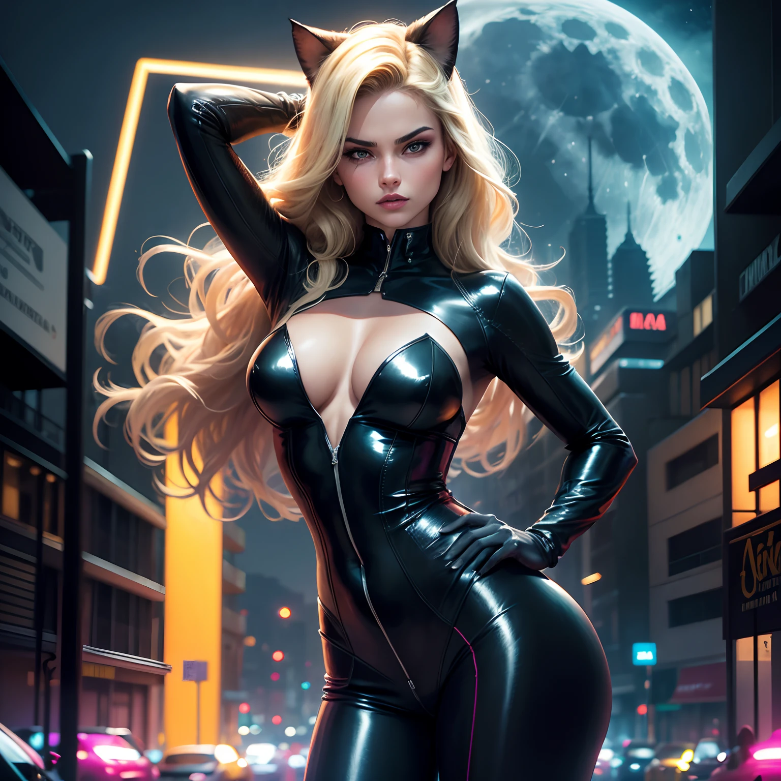 (La mejor calidad,Altas Resoluciones,Ultra detallado),Brazilian blonde catwoman,sexy,dark ilumination,Disfraz elegante,ojos hipnotizantes,Actitud feroz,Paisaje urbano nocturno,Neon lights,Pose seductora,Azotea de la ciudad,foco nítido,labios expresivos,vivid colors,Artistas conceptuales, noche, Big Moon Behind, fantasy, imagen cine, Body position like a cat, cuerpo entero, cornisa azotea, vista desde edificios altos