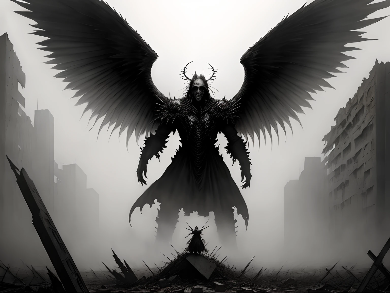 Stephen Gammell, The demonic angel is standing on a pile of rubble, its wings spread wide. The angel is red and black, symmetrical in center, with sharp teeth and claws, Stephen Gammell art style