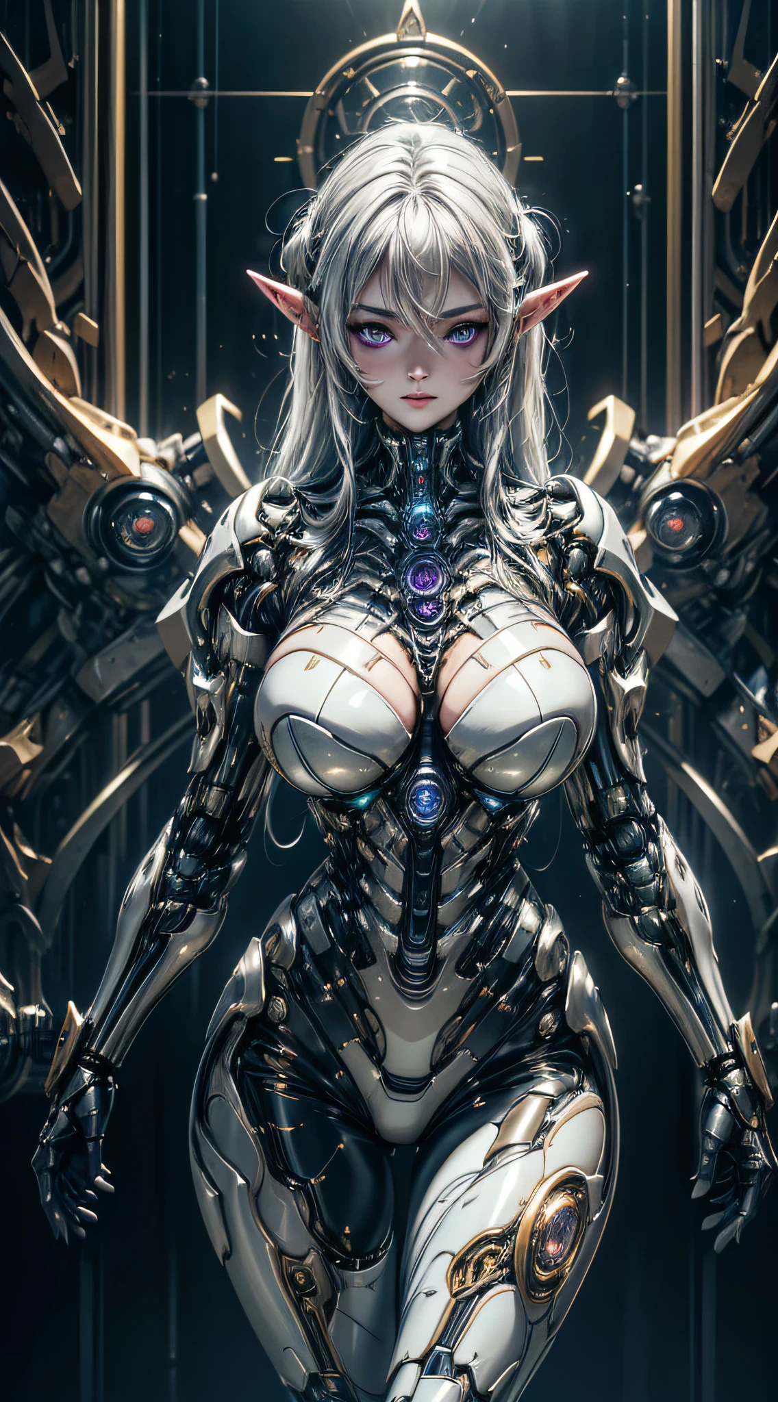 Top  Quality、​masterpiece、超High Resolution A、(Photorealcitic:1.4)、Raw foto、White porcelain body、white haired、wlop glossy skin、1 Cyborg Girl、((ultra-realistic detail))、portlate、Global Illumination、shadowy、octan render、8K、UltraSharp、Character edge light, tits huge、Raw skin is exposed to the valley、Detail of Intricate Ornaments、Transparent part、Detailed hydraulic cylinders from Sumer、Compact LED lamps、highly intricate details、Realistic light、Purple eyes、luminous eyes、Facing the camera、neon details、cowboy shots,  About Cyberpunk、Female elves, Beautiful waist, navels, big size ass, Exposed metal skeleton, (random pose、dynamicposes,:1.2)