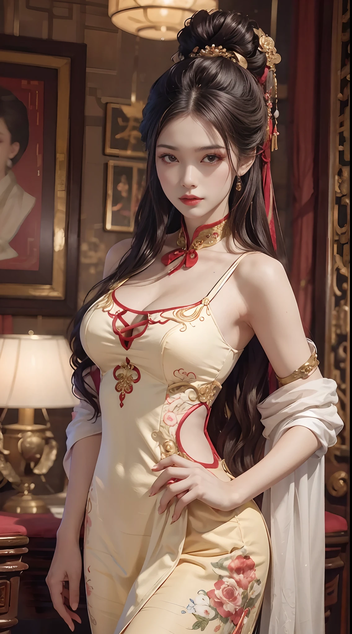 Photorealistic, high resolution, 1 Women, Solo, Hips up, Beautiful eyes, Long hair, Red wedding dress, The red dot on the forehead Chinese, Gorgeous accessories, Wearing pearl earrings