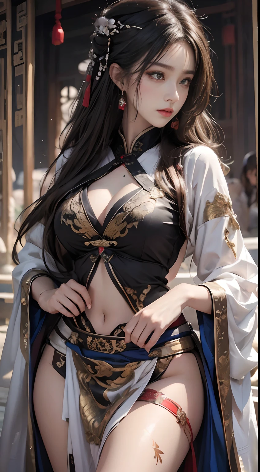 Photorealistic, High resolution, 1 woman, hips up high, Beautiful eyes, Long hair, Ringed Eyes, Jewelry, The tattoo, Hanfu, chinese fairy, Taoist uniform