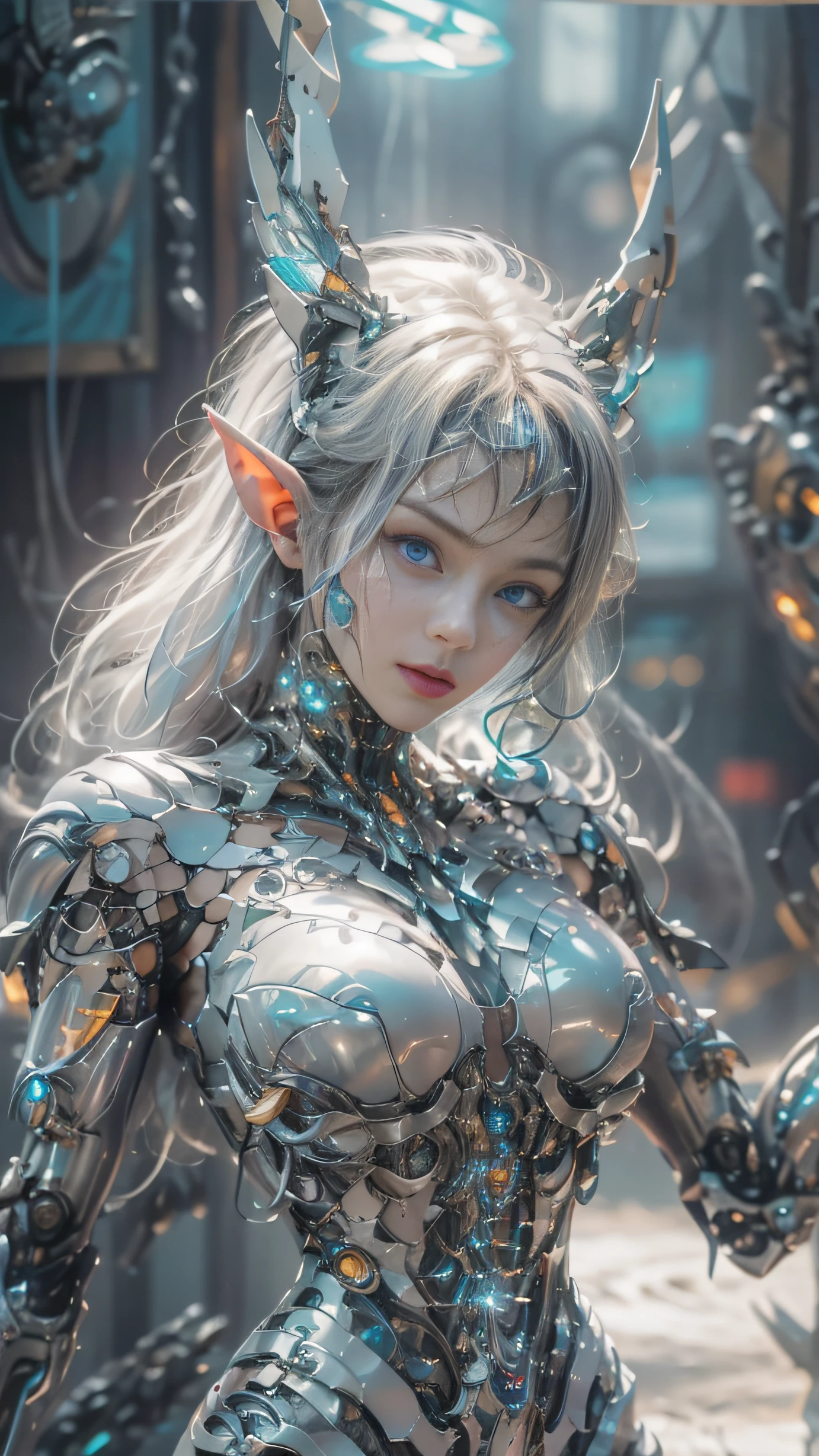 female cute elf, (anatomical robot hands), in a jungle, two braid hair, wearing elf dress, cute face , big beautiful blue eyes, full body, (hyper detailed eyes, hyper detailed face), 16k, 8k, RAW photo, best quality, masterpiece, high detail RAW color photo, dramatic lighting, cinematic lighting, back light, professional lighting