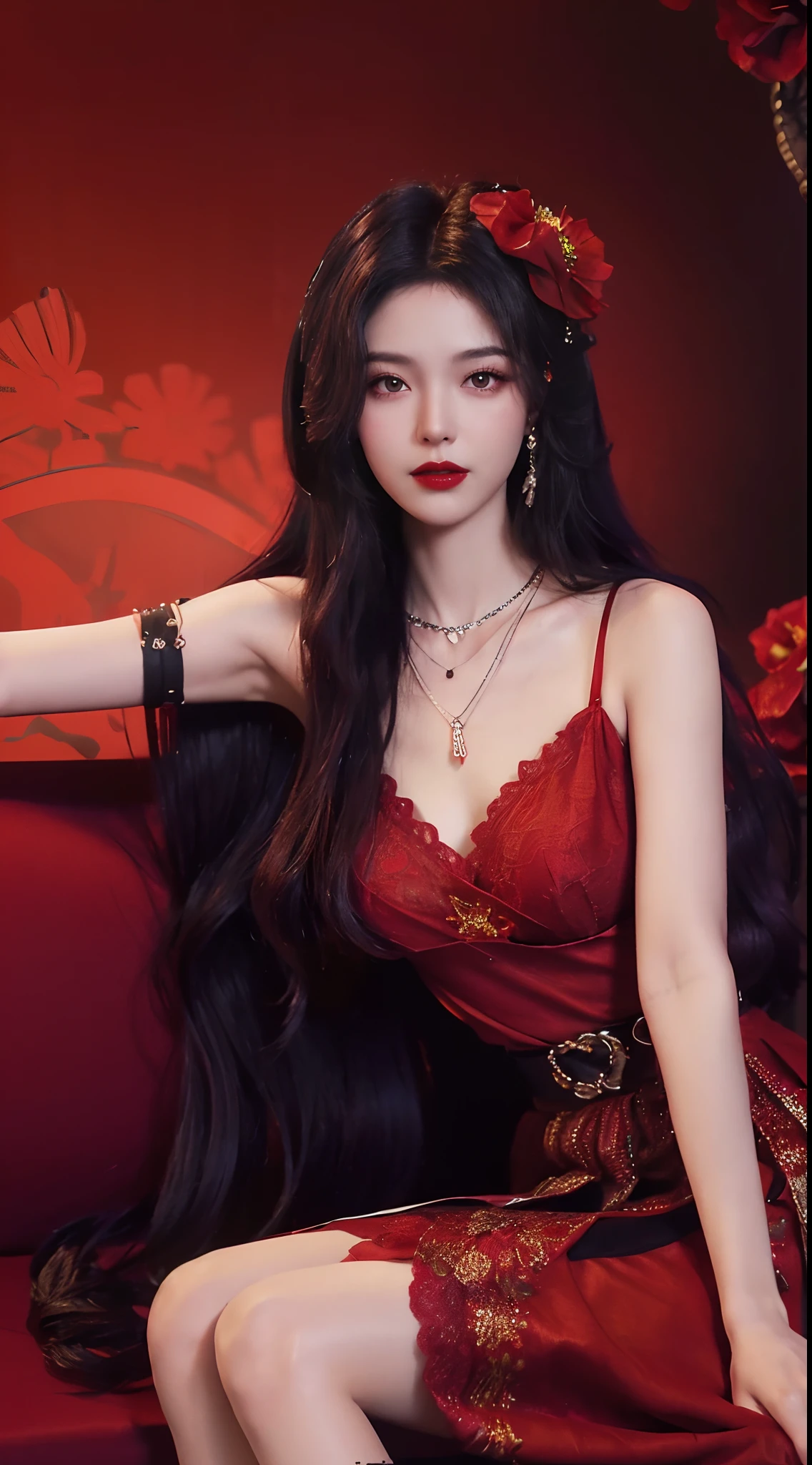 1 beautiful and sexy 20 year old girl, ((Wearing an ultra-thin red dress:1.6)), Diamond dress, ((Long black purple hair:1.6)), bangs, Jewelry made of gemstones and beautiful hair, ((Wear a black lace necklace:1.4))), Noble, The noble demeanor of a very beautiful girl, Her little face is super cute, Her face is beautiful, Thin eyebrows, flawless and beautiful face, ((black eye pupil: 0.8)), verybeautifuleyes, ((Black eyes: 1.6)), Beautiful makeup and hair detailed eyelashes, Hot eye makeup, High nose, Earrings, Red lips, ((Closed mouth: 1;5 )) Beautiful lips, Slim hands, The most beautiful thighs, ((Spread your arms to the sides: 1.5) ), Rosy face, Clean face, flawless and beautiful face, Smooth white skin, (Big breasts: 1.5)), ((high breasts: 1.6) ), Big taut breasts, The beautiful, (((and super rounded: 1.8))), ((Ultra-tight breasts: 1.7)) , Beautiful breasts, Perfect body, back arms, Chest out, Black thin mesh stockings，Black lace trim, (((Sitting position, Lean back，Leaning your arms behind you:1.5))), ((Chest up position: 1.5)), Don't be shy, 8k photograph, Super high quality, Super realistic, More than 10x pixels, lightwave, Bright Studio, Bright edges, twotonelighting, (High-detail skin:1.2), Super 8K, Soft lighting, High quality, voluminetric lighting, Photorealistic, Realistic high resolution, lighting, best photos, 4K, 8K quality, blurry effect, Smooth and sharp, 10 x pixels, ((Red flower background:1.5)), aurora, Lightning, Ultra-realistic graphics, The most realistic graphics, Alone, Solo, Extremely sharp images, Surreal, (((Frontal portrait: 1.6)))."