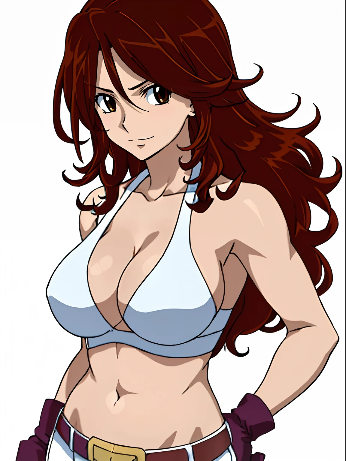 Fighter, Karate stance, ((solo)), Best Quality, hires, curvy midsection, (tilt head, defined weak muscles, detailed muscles), smile, happy), upper body only, anime style: 1.8, anime drawing, ultra detailed face, ultra detailed body, 4k, Sumergai Lee Noriega, (standing), best quality, anime style, hires, highest definition, digital blending, bold drawing lines, (((White Background))), ( (defined muscles), long attractive belly, slim body, ((strong arm muscles)), broad shoulders , off-shoulders, closed fists, (slutty bra, shorts, white gloves, , arm band, (champion belt))), (large breasts, defined cleavage, closed mouth, sexy navel, shiny skin), (big eyes, brown eyes, shiny eyes), (reddish hair, loose hair, curly hair, wavy hair, long hair, floating hair)