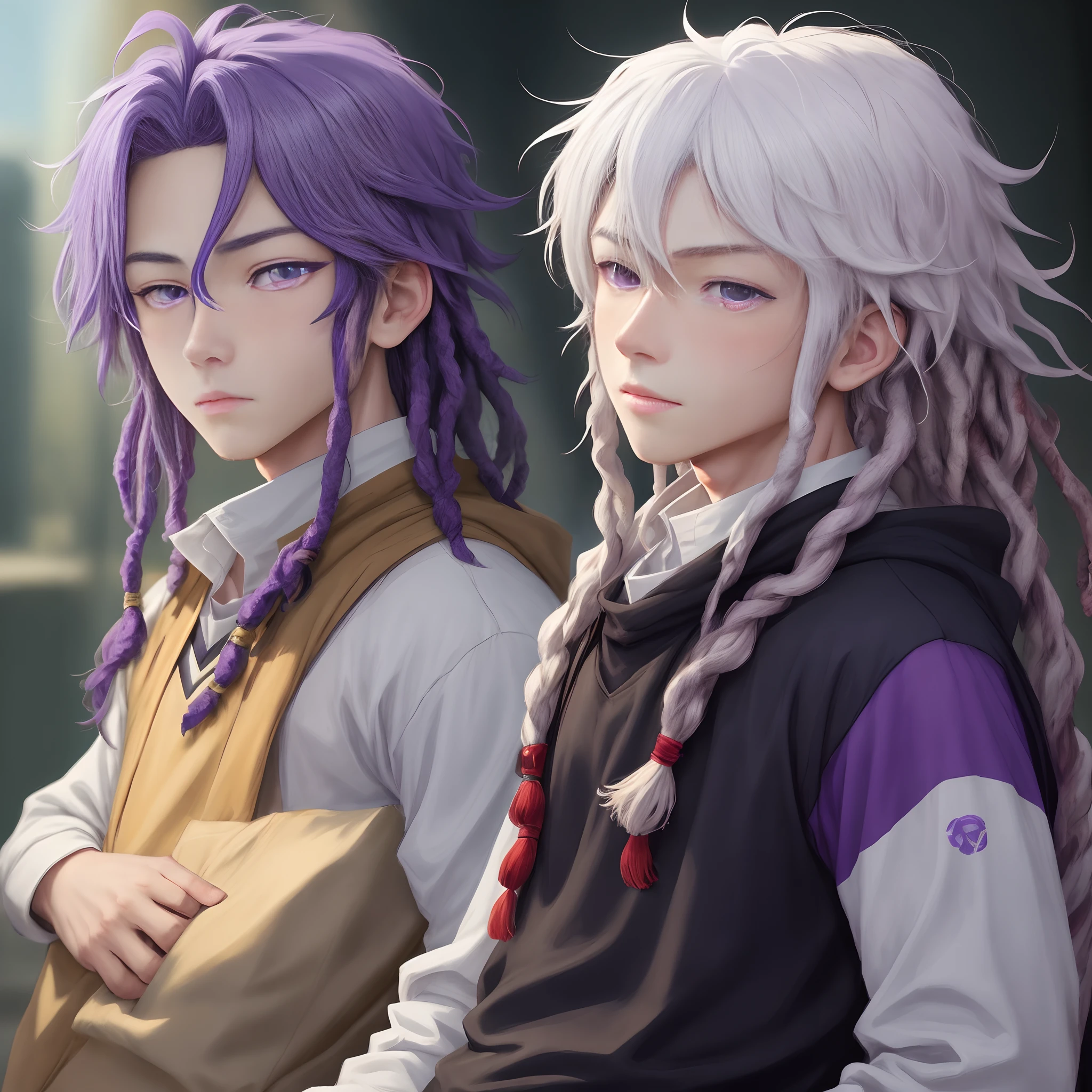 fair-skinned boy with purple eyes and dreadlocked hair in anime style