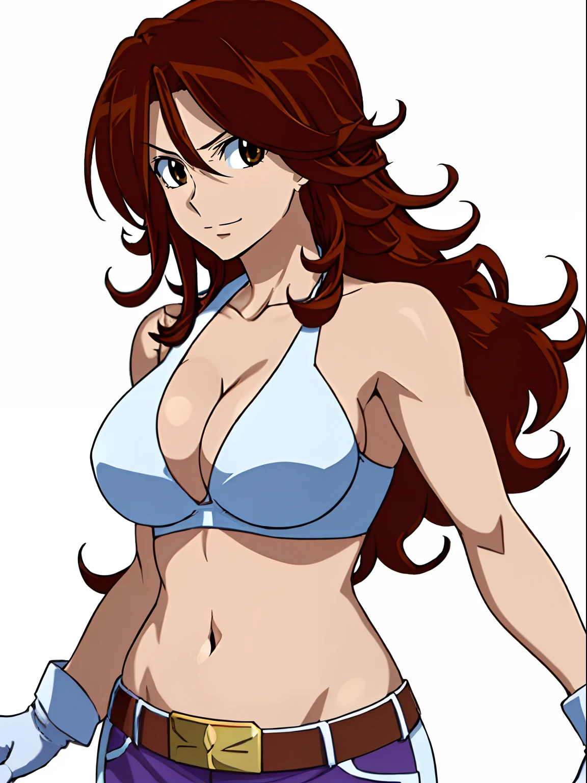 Flexing arm muscles, Karate stance, ((solo)), Best Quality, hires, curvy midsection, (tilt head, defined weak muscles, detailed muscles), smile, happy), upper body only, anime style: 1.8, anime drawing, ultra detailed face, ultra detailed body, 4k, Sumergai Lee Noriega, (standing), best quality, anime style, hires, highest definition, digital blending, bold drawing lines, (((White Background))), ( (defined muscles), long attractive belly, slim body, ((strong arm muscles)), broad shoulders , off-shoulders, closed fists, (slutty bra, shorts, white gloves, , arm band, (champion belt))), (large breasts, defined cleavage, closed mouth, sexy navel, shiny skin), (big eyes, brown eyes, shiny eyes), (reddish hair, loose hair, curly hair, wavy hair, long hair, floating hair)