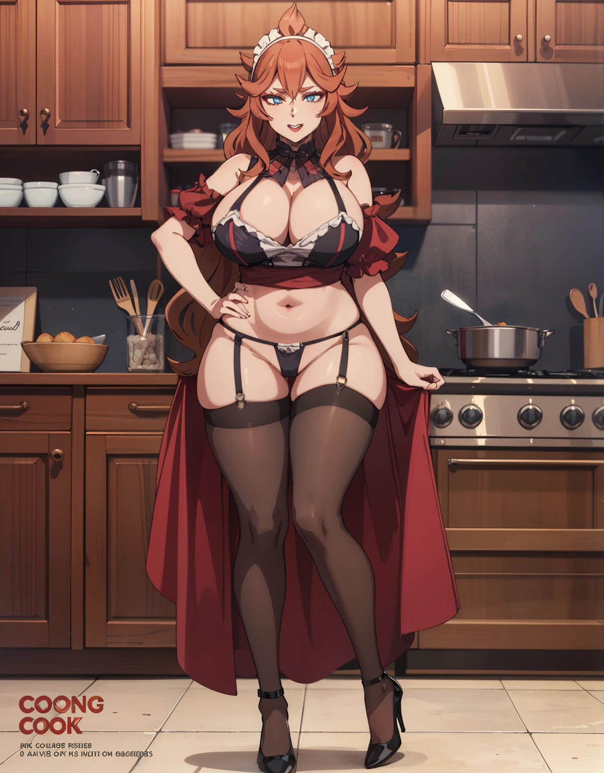 (Best Quality, Masterpiece),sexy mommy, Front cover of a women's cooking magazine, erotic, 18+, nsfw, 1girl, 30 years old, red lipstick, Contempt, pride, hourglass figure, high heels, sexy Maid costume, beautiful food, text, diagrams, advertisements, magazine title, long redhead hair,blue detailed sparkling eyes,