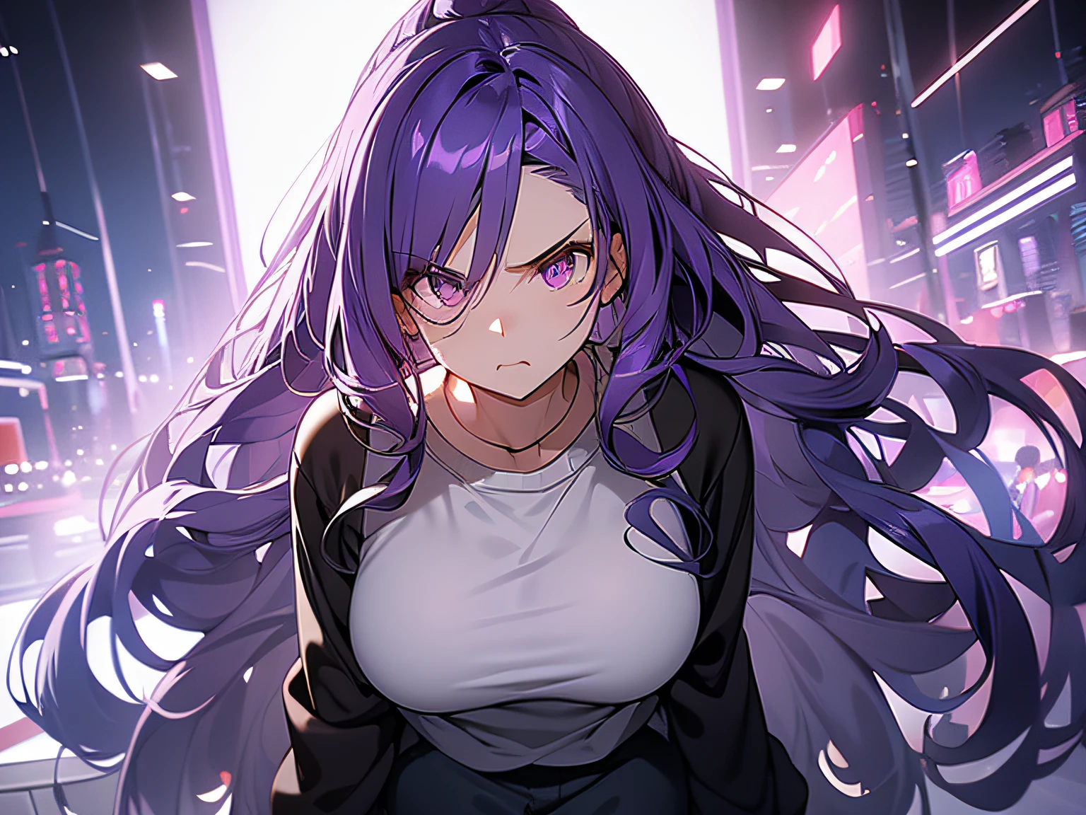 A woman who is，Long curly purple hair，Very angry，Drop something，Wear a sweatshirt skirt，on bedroom，A half body，中景 the scene is，8k