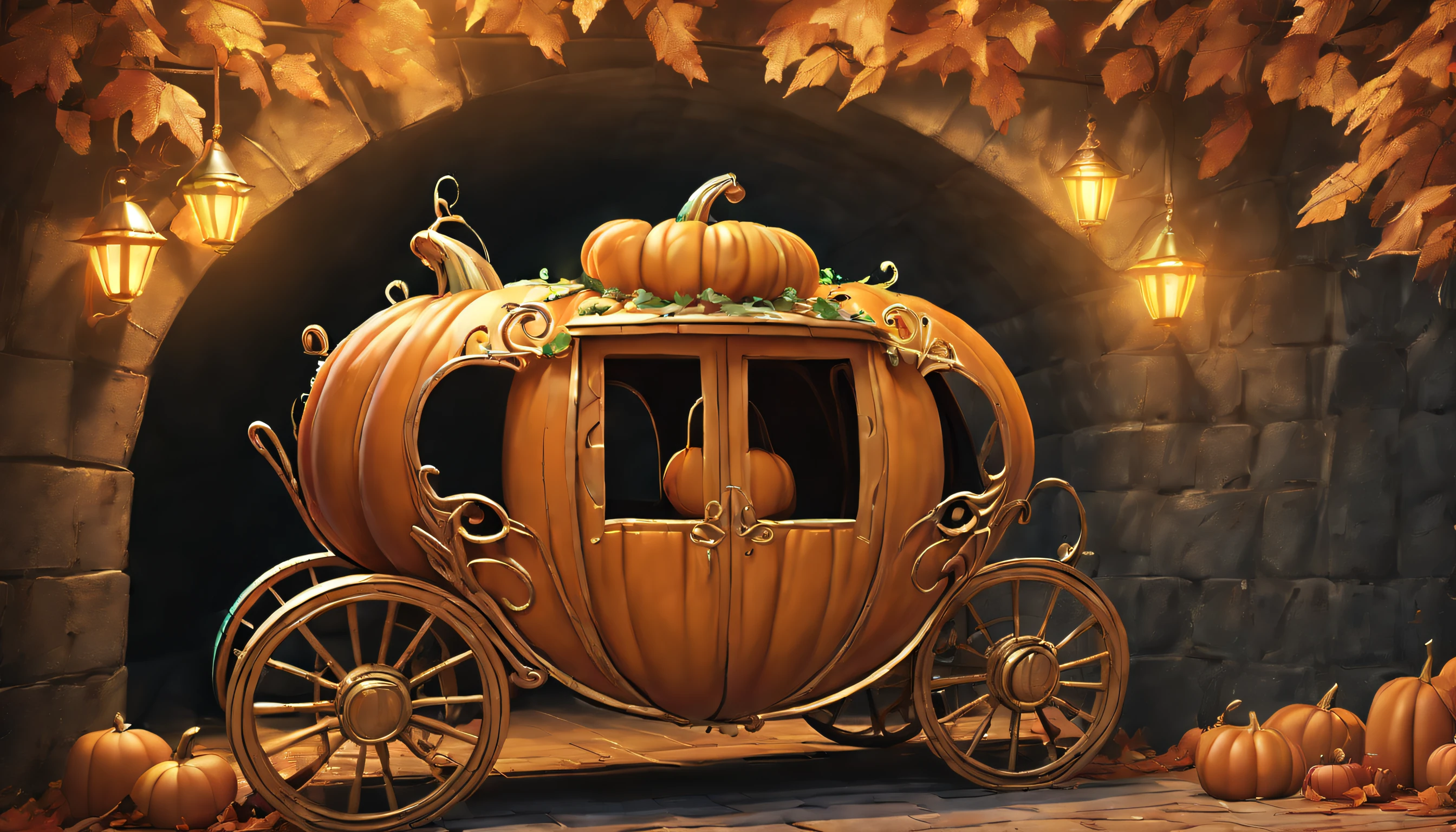 (a close up of a pumpkin carriage in a tunnel :1.5), beautiful render of a fairytale, scary magical background, carriage made of pumpkins, halloween scene, enchanted magical fantasy forest, realistic fantasy illustration, fairy tale style background, fantasy forest background, dark fantasy background, cosy enchanted scene, enchanted and magic forest, fantasy forrest background, fantasy forest landscape, magical fantasy forest