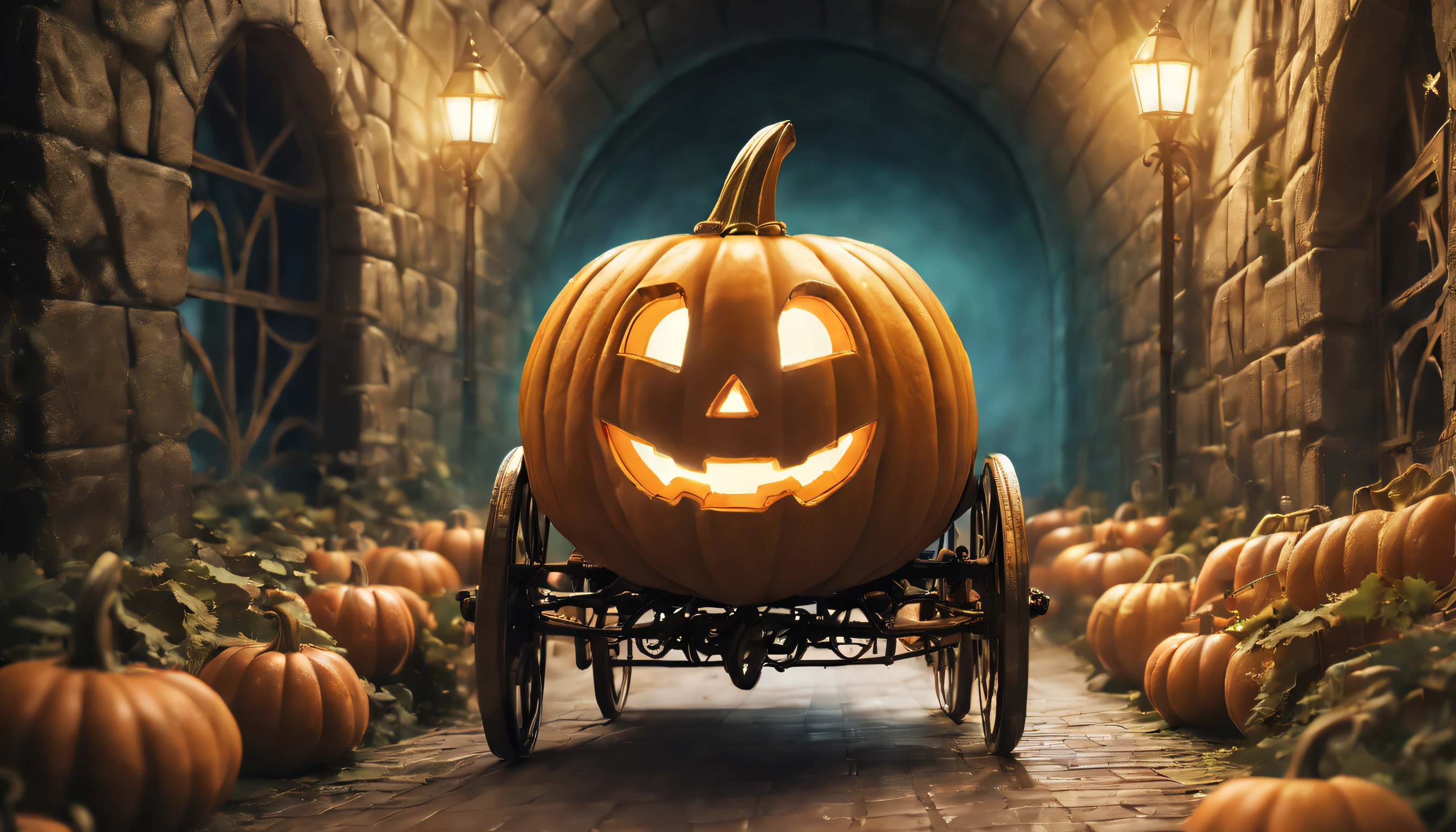 (a close up of a pumpkin carriage in a tunnel :1.5), beautiful render of a fairytale, scary magical background, carriage made of pumpkins, halloween scene, enchanted magical fantasy forest, realistic fantasy illustration, fairy tale style background, fantasy forest background, dark fantasy background, cosy enchanted scene, enchanted and magic forest, fantasy forrest background, fantasy forest landscape, magical fantasy forest