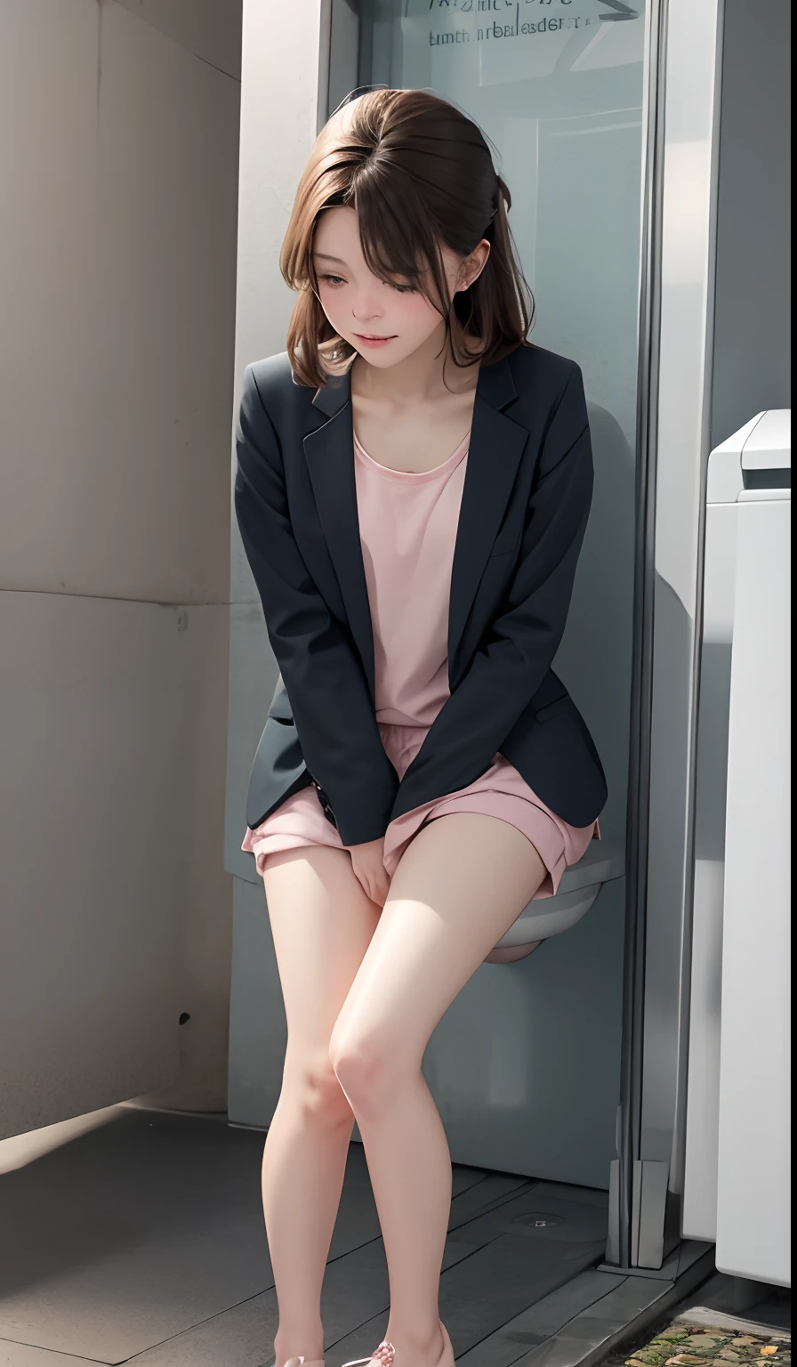 1 girl is taking to lavatory, looking away, standing, Green eyes, embarrassed, blush, Keep one's mouth shut, street (girl is peeing self:0.4)