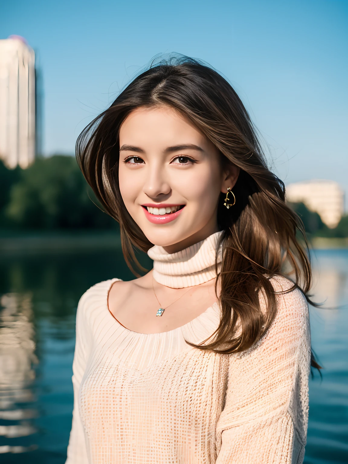 (8k, best quality, masterpiece:1.2),
(realistic, photo-realistic:1.37),
Perfect female body, A young girl was standing by the lake,(photorealistic:1.8),
,((dynamic posing)),((small breasts)),( 1 girl),turtleneck sweater,
(earring),(bracelet),(necklace)

,(in a 22 age)
cute,solo,
beautiful detailed sky,
(smile:1.15),(closed mouth),
beautiful detailed eyes,
(long hair:1.2),
floating hair ,