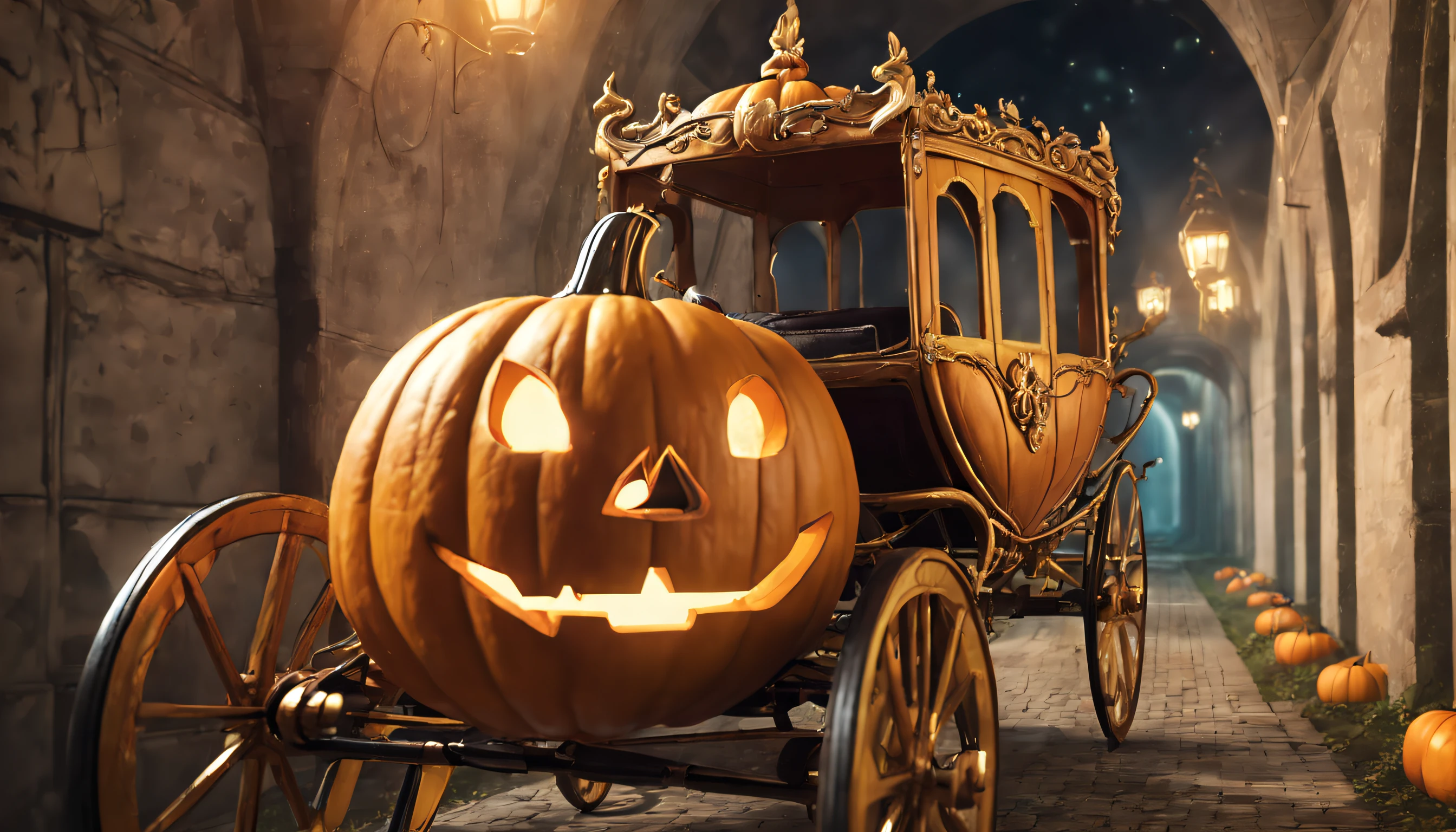 (a close up of a pumpkin carriage in a tunnel :1.5), beautiful render of a fairytale, scary magical background, carriage made of pumpkins, halloween scene, enchanted magical fantasy forest, realistic fantasy illustration, fairy tale style background, fantasy forest background, dark fantasy background, cosy enchanted scene, enchanted and magic forest, fantasy forrest background, fantasy forest landscape, magical fantasy forest, Realism, ray tracing, god rays, 8k, super detail, high quality, high quality