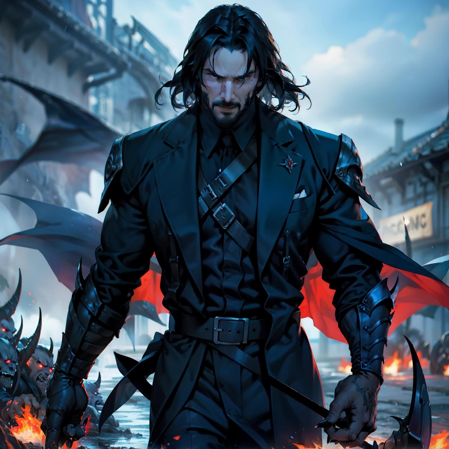 Castlevania Shadow Lord hyper realistic super detailed hyper realistic super detailed Dynamic shot of Lord Dracula leading troops armed with demons to fight sharp details hyper realistic hyper realistic super detailed faces correct poses Anatomy