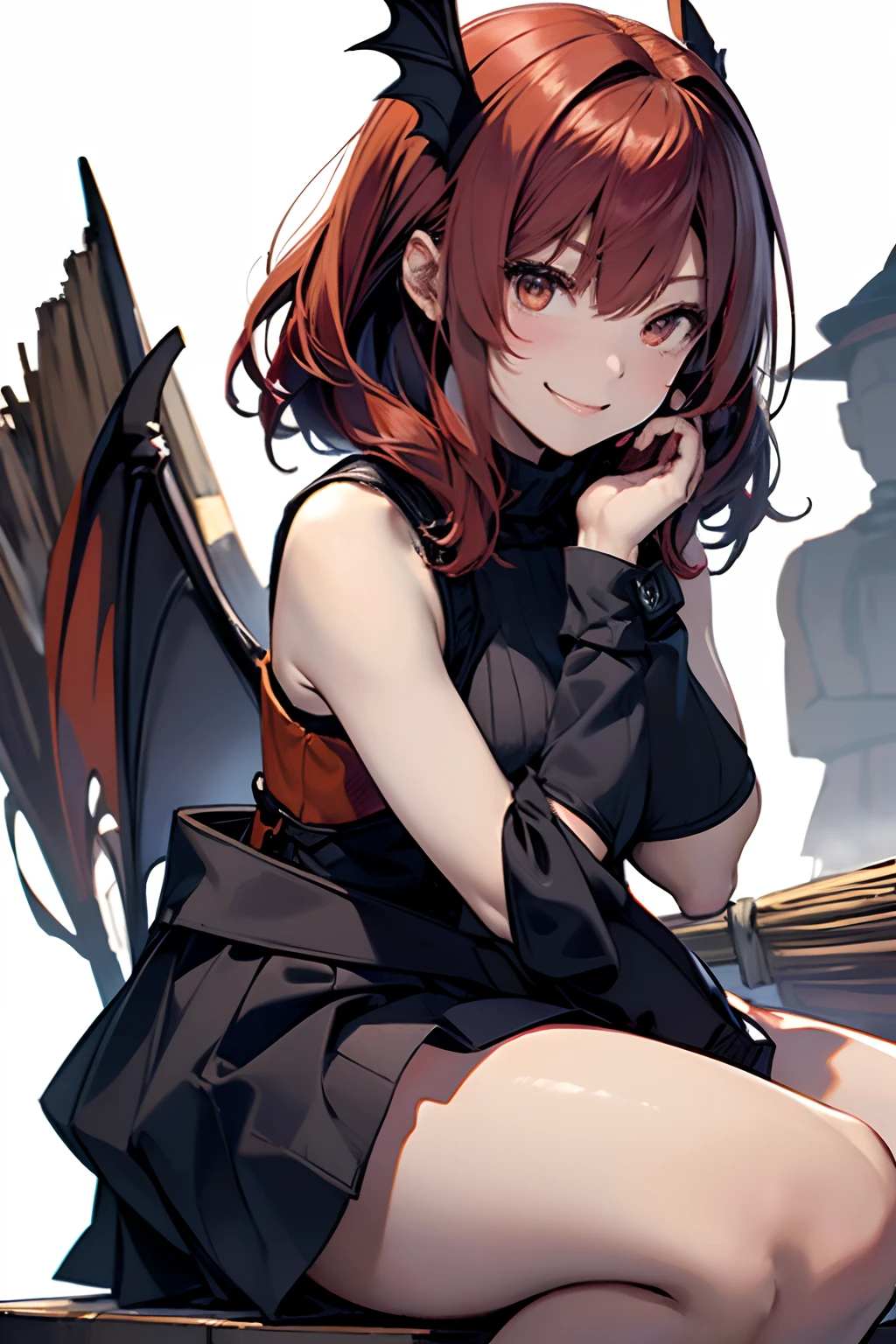 (Best Quality, 8K, Oil Painting, masutepiece:1.2), Ultra-detailed, (Realistic, Photorealistic:1.37), (((full body Esbian)))、Vibrant colors, (((Side tail hair)))、Studio Lighting, (((white backgrounid)))、Shoulder-length bob hair, (((Halloween Costume Party)))、((A smile)) 、(((a miniskirt)))、((witch outfit))、(((Touch your cheek with your hand)))、(((Slender Adult Woman)))、Blushing、(((Red hair)))、(((bobhair)))、(((Sleeveless shirt)))、(((with a pure white background)))、(((There is a margin at the top of the head)))、(((There are margins on the left and right)))、(((There is a margin above the image)))、(((Cute 20 year old woman)))、(((Bright red hair)))、(((side poneyTail)))、(((Bat wings grow on the back)))、(((Pumpkin mask)))、(((I'm sweating)))、(((I'm straddling a broom)))、Flying in the sky