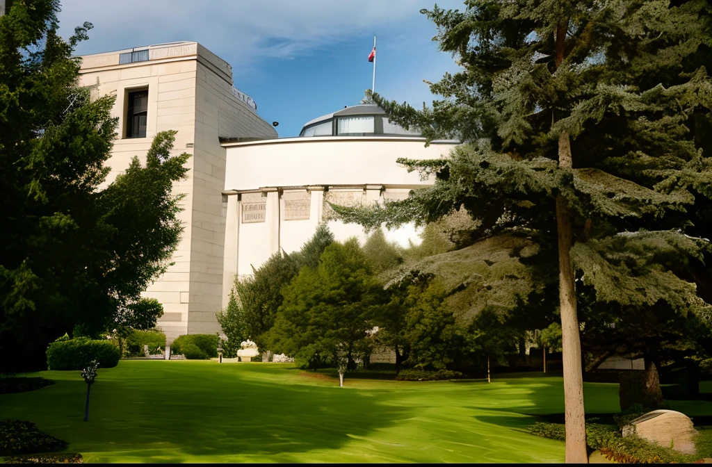 trees in front of a building with a flag on top, museum of art, art museum, 1 4 9 3, 1 5 0 4, 1505, museum, museum photo, exterior botanical garden, surrounding the city, 1 5 9 5, museum exposition, 1450, 1 4 5 0, museum background, high quality photo, museum art