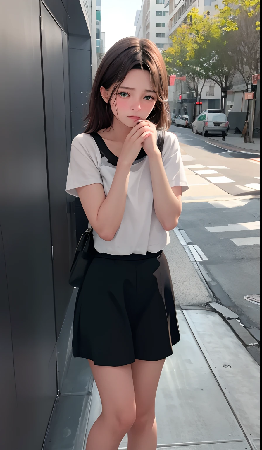 1 girl is taking to lavatory, looking away, standing, Green eyes, embarrassed, blush, Keep one's mouth shut, street (girl is peeing self:0.4)
