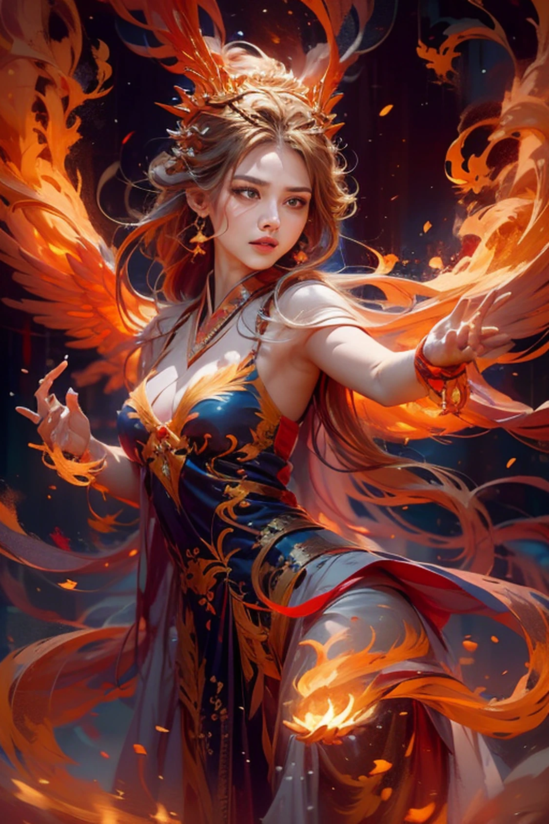 Masterpiece, 8K Ultra HD, Ethereal Glow: Amidst the serene backdrop of ethereal flames, stands a graceful fire goddess, her form enveloped in a delicate aura of flames reminiscent of the majestic flight of a phoenix. Her hair, a cascade of shimmering ember strands, glimmers with soft, fiery hues. Her eyes, profound pools of luminance, gleam brilliantly, projecting both warmth and power. Atop her head, a diadem made of intertwined flames crowns her, signifying her divine status. Clothed in a full-length radiant silk hanfu, the fabric is adorned with gentle fire motifs and covers her with the elegance and fluidity of flowing silk under a moonlit sky. As she moves, the flames around her twirl and flutter, creating a ballet of fire, mirroring the mesmerizing dance of a phoenix in flight, making her the true epitome of a celestial fire deity.