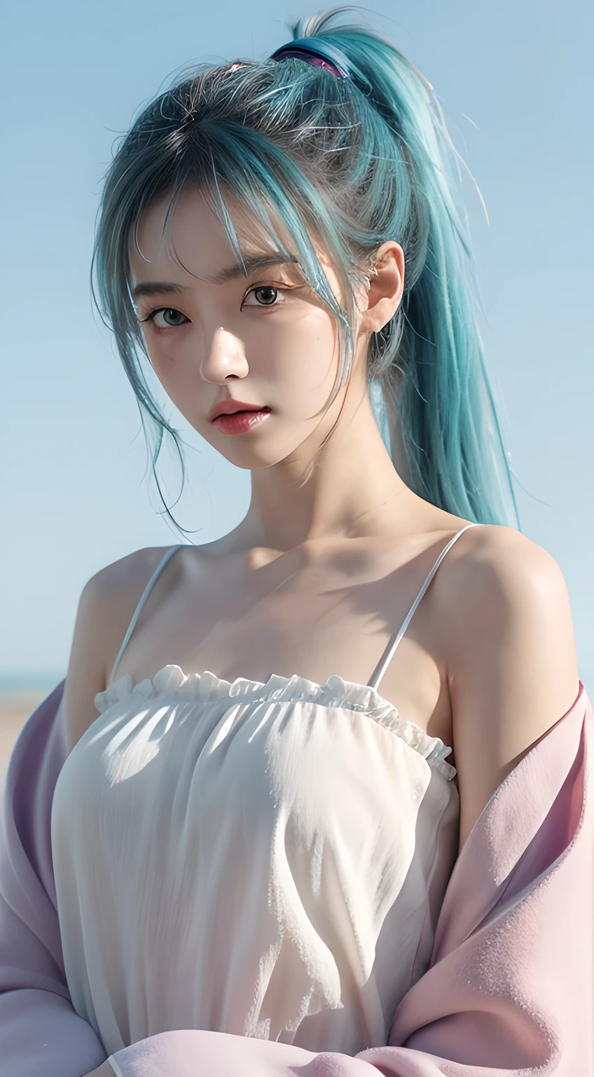 (masterpiece), (best quality), (ultra detailed),(disheveled hair),(illustration), (1girl), (Fashionable clothing), standing, Fashion model, looking at viewer, (interview), (simple background),beautiful detailed eyes, delicate beautiful face, Floating,(high saturation),(colorful splashes),colorful bubble,(shining), focus on face,  ponytail, kamisato ayaka, light blue hair, bangs, hair ring, floating flowers, floating hairs, (shining), best lighting, best shadow,