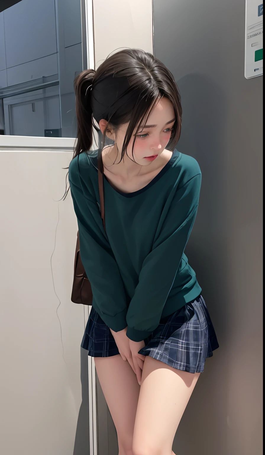 1 girl is taking to lavatory, looking away, standing, Green eyes, embarrassed, blush, Keep one's mouth shut, street (girl is peeing self:0.4)