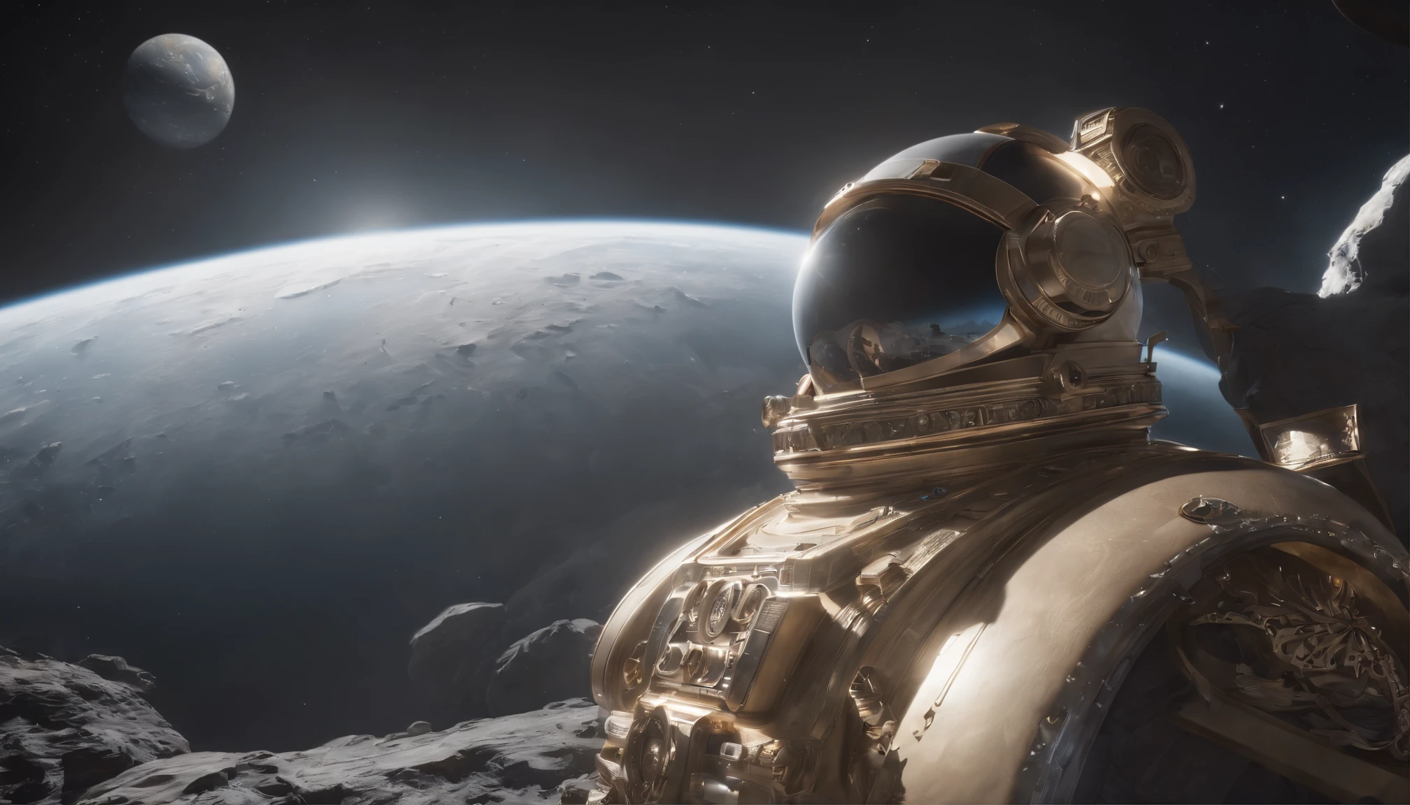 in a panoramic view,photorealestic,Luxurious beauty astronaut,The spacesuit consists of modular gold machinery,Gold and precious metal casting,See the face of the beautiful woman through the high-tech display on the surface,It features charming Ottoman decorative motifs,Set with luxurious gemstones in a variety of colors,Dorsal protrusion device,Decorated with diamonds,Set on a desolate alien planet,starry sky bright,Perfectcomposition,the detail,The light and shadow work best,HighestQuali,This CG-rendered realistic painting gives a grand scene and visual impact,Let the viewer feel a wonderful and magnificent sci-fi world。Epic,detail-rich,It forms a spectacular sight,Use Pixai to bring powerful AI models to life, Show the limitless creativity and possibilities of our imagination. Experience the future of the cityscape at Pixai,Immerse yourself in a visionary world of art,the detail, Masterpiece, Best quality, 8K, (Oily skin, cell-shaded:1.3), line art in colour, (The art of Maciej Cuciara:1.15), art of greg rutkowski,Intricate details, finetextures, Surreal,Perfectcomposition,A detailed,Cinematic texture,realisticlying,photorealestic,HighestQuali,,Version tone mapping, highly detailed, Smoothness, Sharp focus, Beautiful illustration, Epic effect,photore, The light from the back window is backlighted, 动态照明, Mist, 复杂, filmgrain, professinal,,Volumetriclighting, subsurfacescattering, Good highlights, Good shadows, cinematic ligh,Beautiful studio soft light,rim-light,ellegance,beatiful background,rendering by octane,HR Giger style,8K,top Quority,tmasterpiece,illustratio,smooth and beautiful,highly detailed,CG wallpaper,(realisticlying,Fidelity:1.37),outstanding,Exquisite details,tmasterpiece