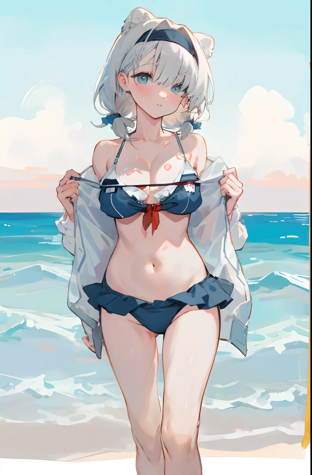 Cowboy shot,Bigboobs,Barefoot,(((swim wears))),underwear, Seaside, the ocean,Off-the-shoulder miniskirt