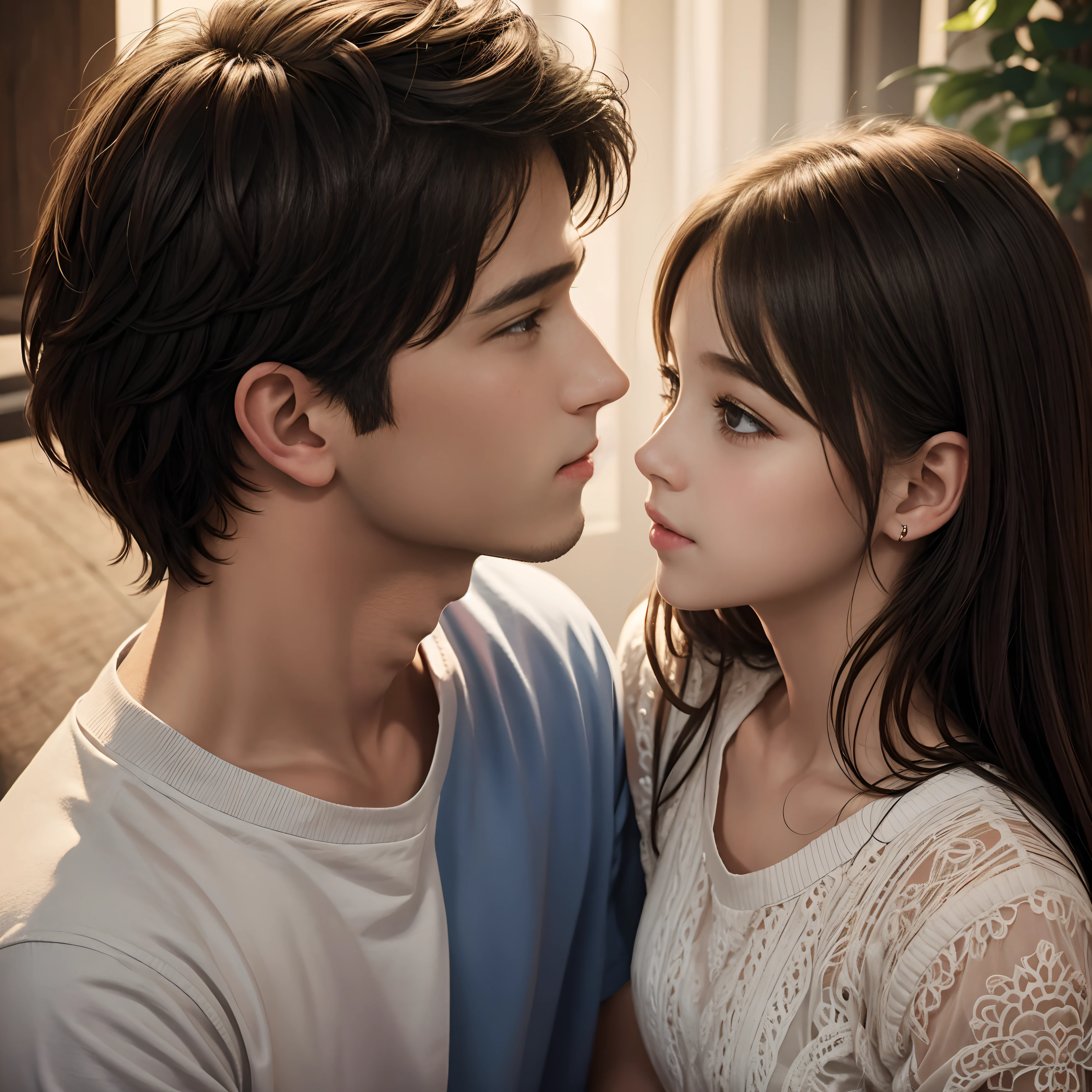 Draw a scene of two beautiful young men cuddling。The first was about 25 years old.、He has a tall, toned and muscular body.、Her blue eyes and jet-black hair are attractive.。He is charismatic」The other one was about 23 years old.、With a slim body for an average height、Blonde hair and green eyes are characteristic.。In college、Passionate and inquisitive in the arts、has a bright positive character。There is a strong trust and deep bond between the two.、Supporting and acknowledging everyone。The scene that is、Draw with a beautiful background。