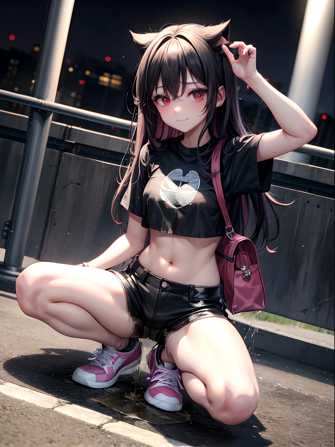 The woman has long black hair down to her waist, wears a cute pink hat, wears pink casual clothes and wears a fairly small skirt with white socks covering her legs up to her thighs. Pregnant is covered by the clothes she wears.