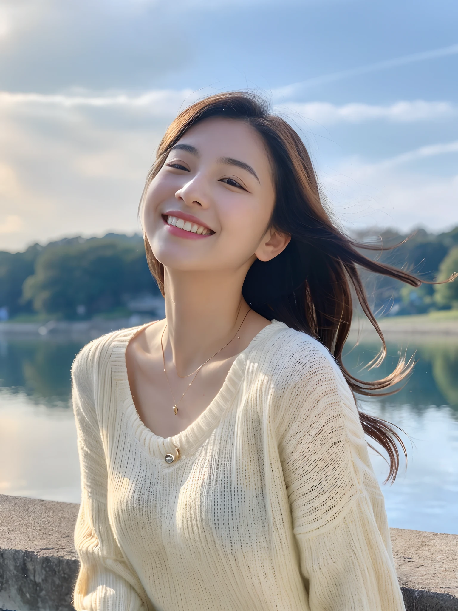 (8K、top-quality、​masterpiece:1.2)、
(realisitic、Photorealsitic:1.37)、
Perfect female body、A young girl was standing by the lake(Photorealsitic:1.8)、
、((dynamicposes))、((small tits))、(1 girl in)、V-neck sweater、
(耳Nipple Ring)、(A bracelet)、(a necklace)

,(22year old)
cute little、独奏、
Beautiful detailed sky、
(a smile:1.15)、(Mouth closed)、
beatiful detailed eyes、
(length hair:1.2)、
floting hair ,