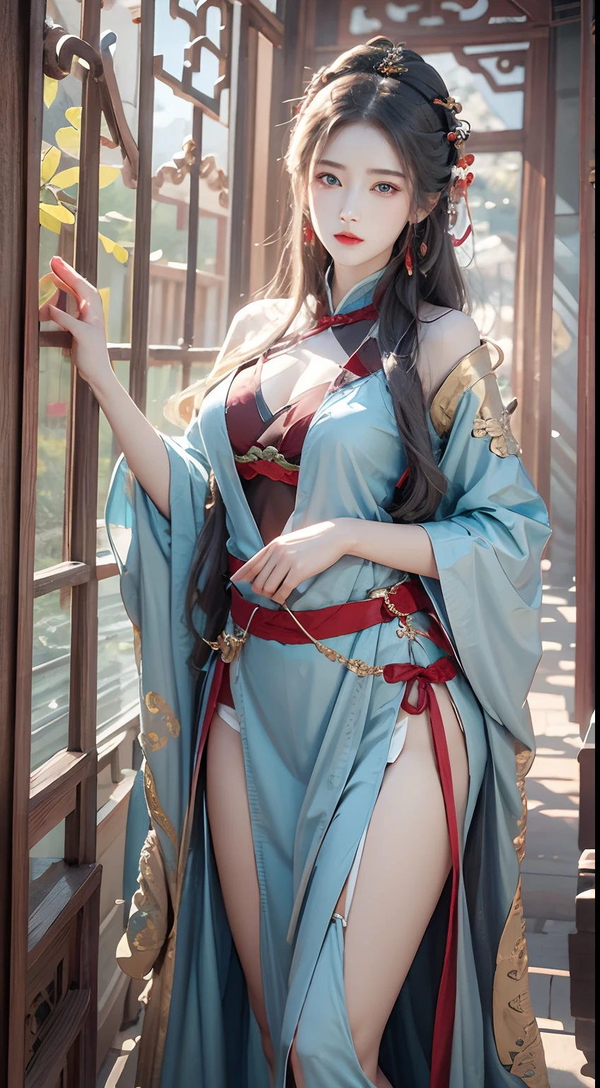 ancient Chinese. stunning sexy young female, bob hair style waist-long straight hair with bangs, wearing thin transparent Hanfu, open legs, sexy pose, 