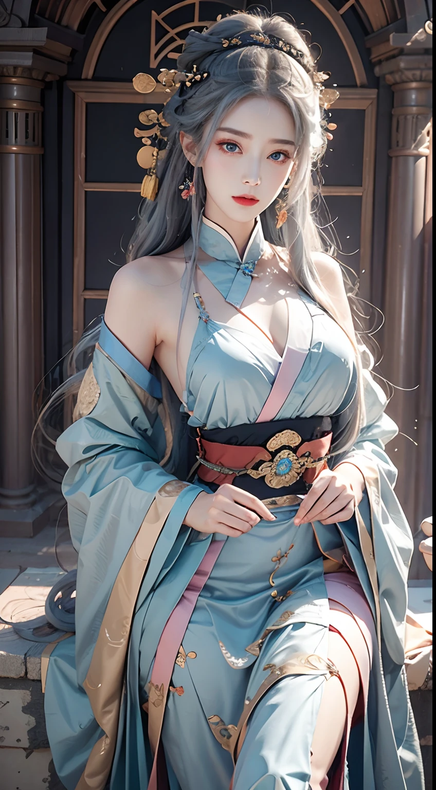 photorealistic, masterpiece, high resolution, soft light, mature female, silver hair, blue eyes, hips up, jewelry, xianxia, gorgeous purple hanfu, headdress