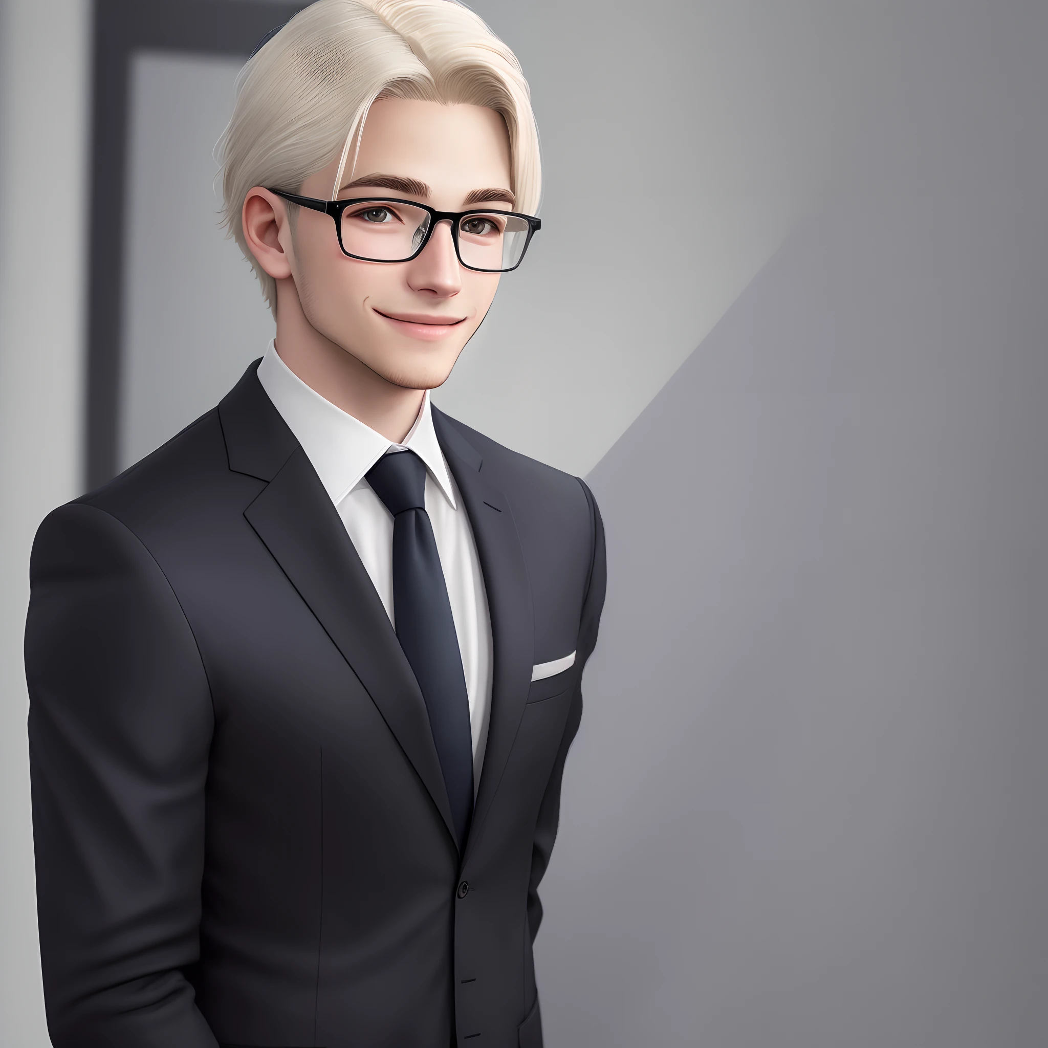 Hyper photorealistic young man wearing glasses and a tie with platinum blonde hair in a middle part with a soft face, taken in the early 2020s, wearing a suit and glasses, slight nerdy smile, in suit with black glasses, typical cryptocurrency nerd, wearing a shirt with a tie, professional picture, wearing a suit and a tie, wearing a suit and tie